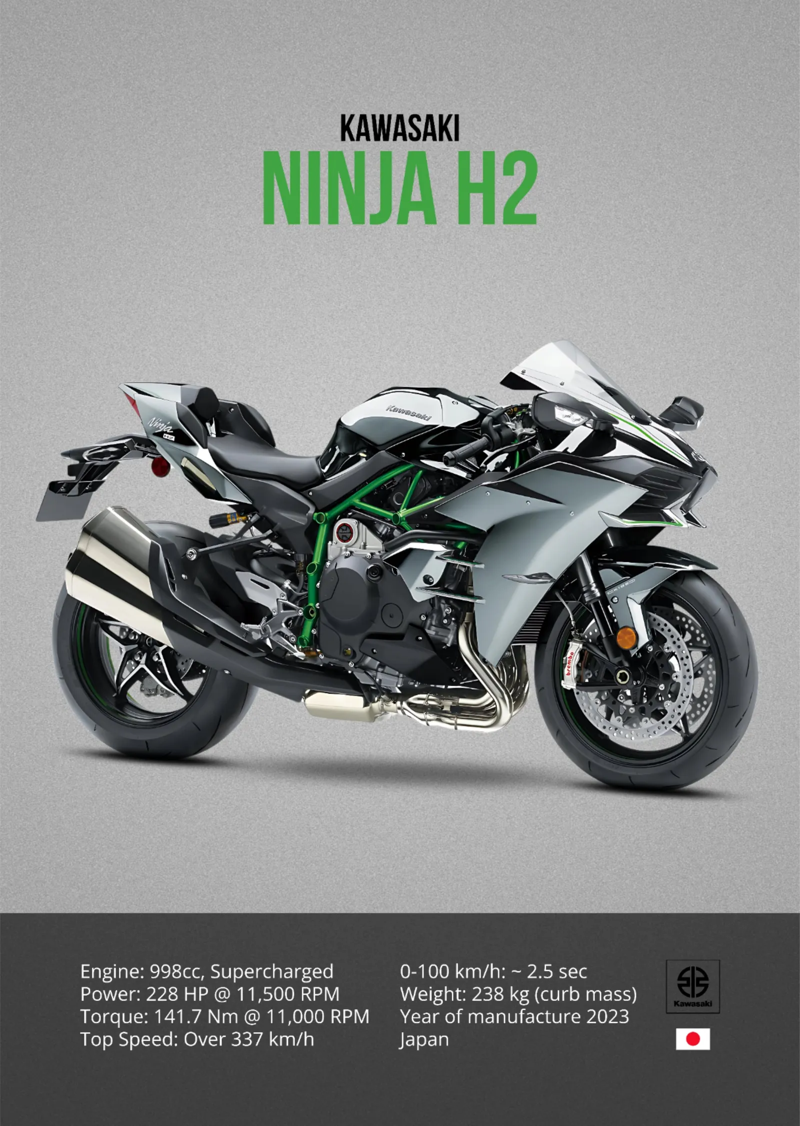 Kawasaki Ninja H2 - Gri Zemin Künye metal tablo