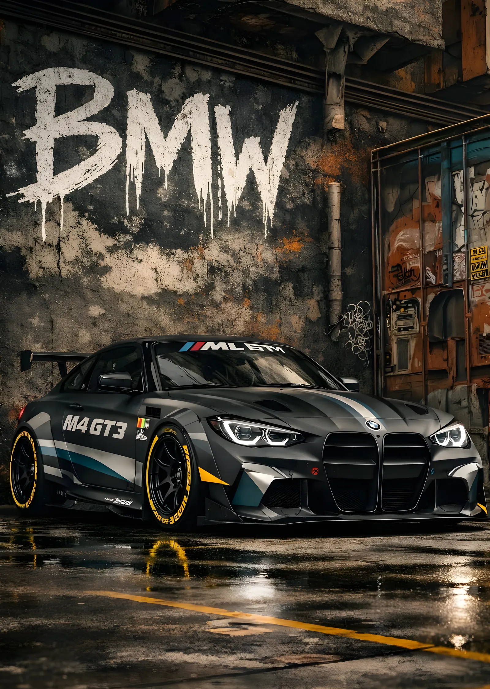 BMW M4 GT3: Graffiti Kaplı Binada Parklanan Yarış Arabası metal tablo