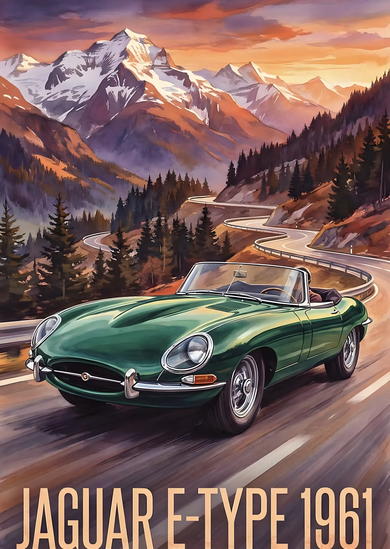 Jaguar E-Type 1961: Otomobil ve Doğa Manzarası metal tablo