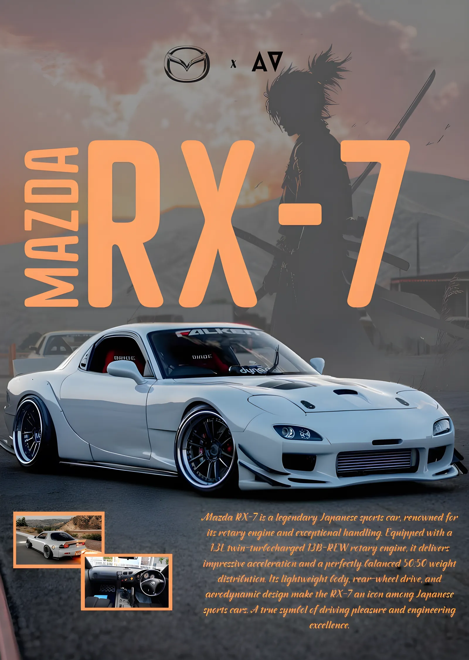 Mazda RX-7 - Turuncu Tipografi metal tablo