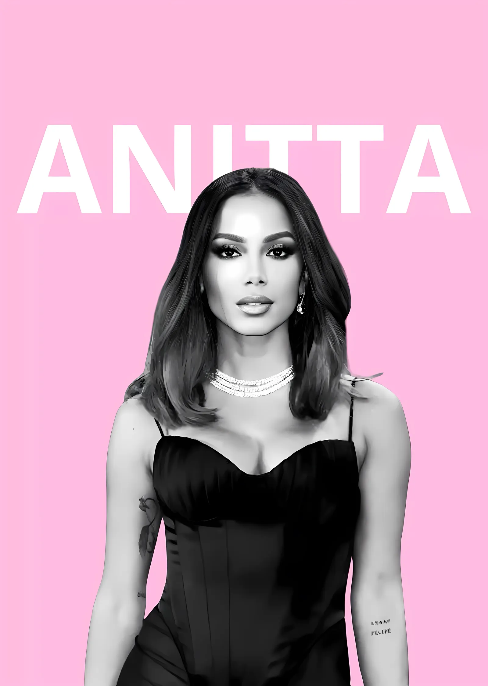 Anitta - Pembe Zeminde Siyah Beyaz Portre metal tablo