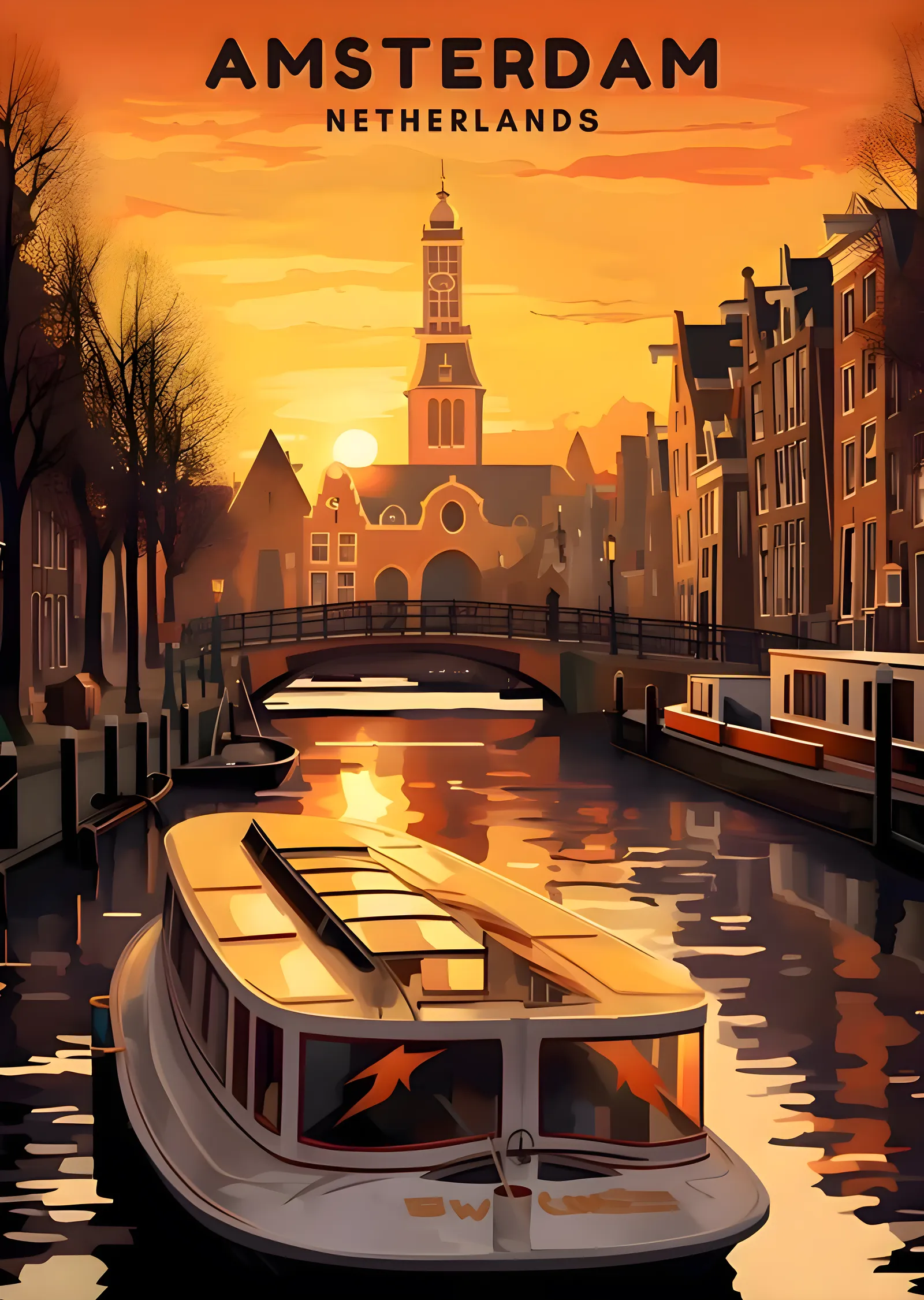 Amsterdam Turuncu Kanal Manzarası metal tablo