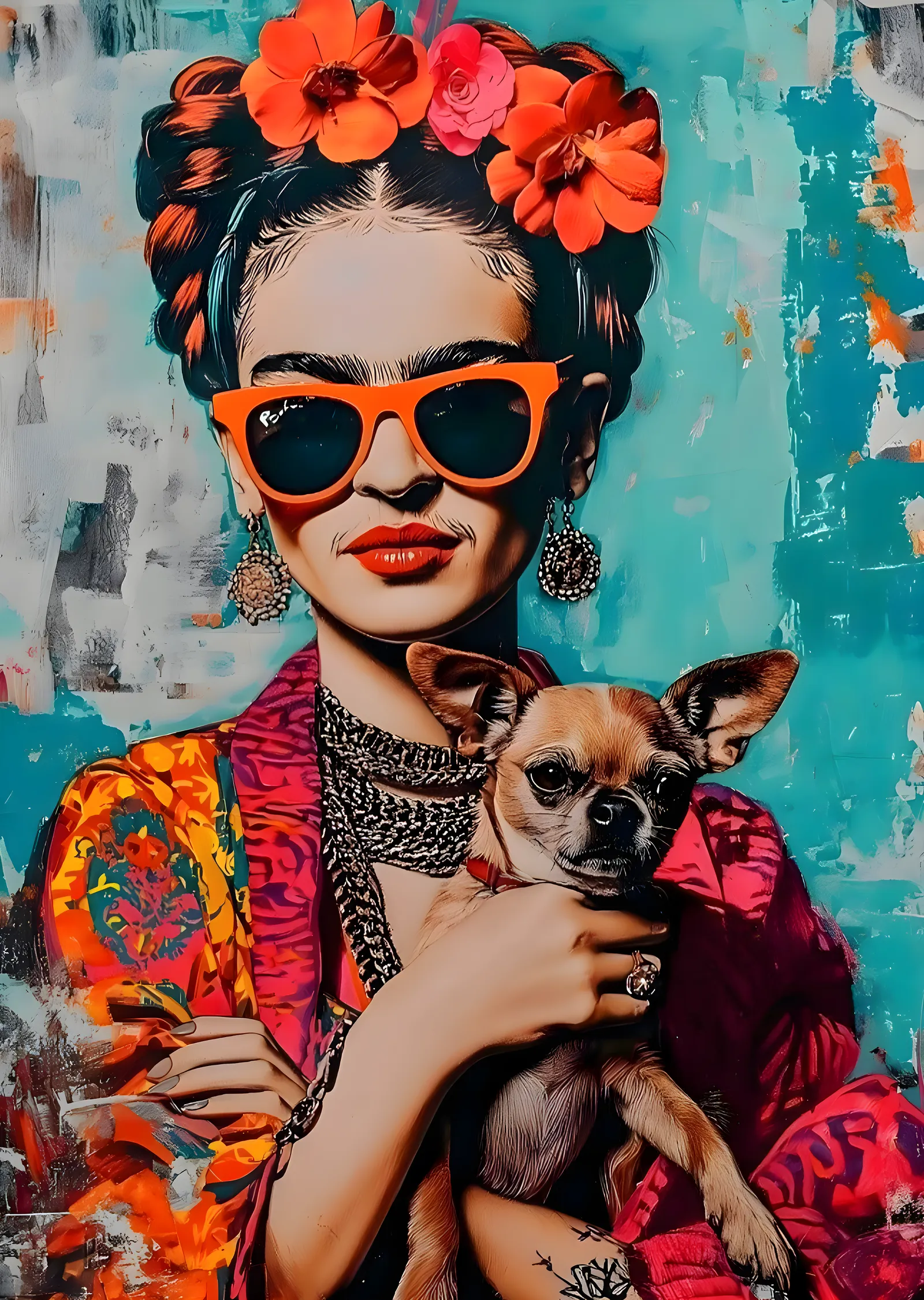 Frida Kahlo: Turuncu Güneşliklerle Çiçekli Portre metal tablo