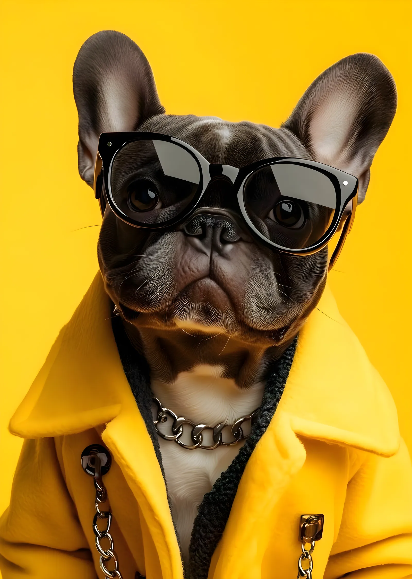 Sarı Montlu Gözlüklü Bulldog Portresi metal tablo