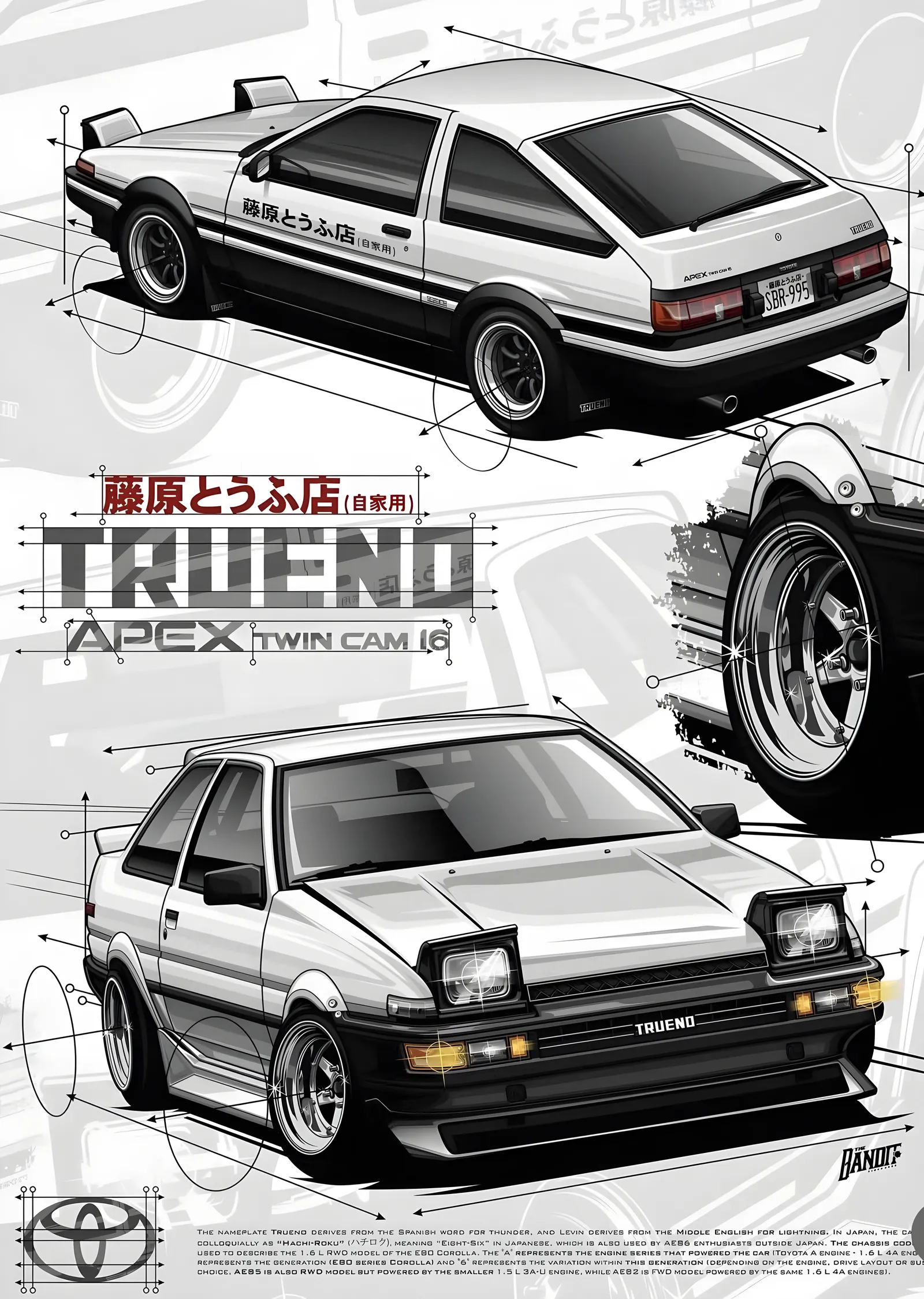Toyota AE86 Trueno · Teknik Çizim metal tablo