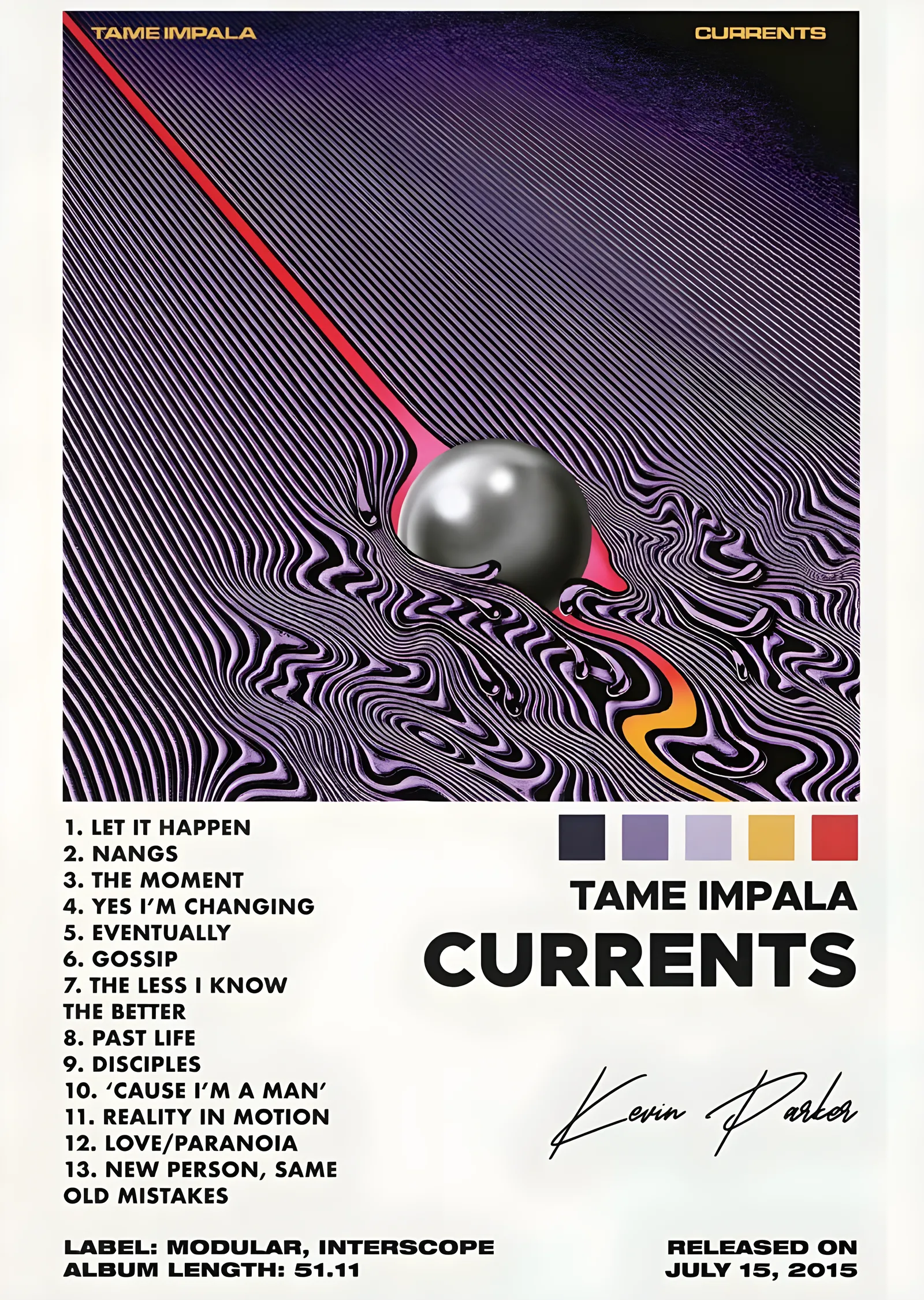 Tame Impala - Currents Şarkı Listesi Beyaz metal tablo