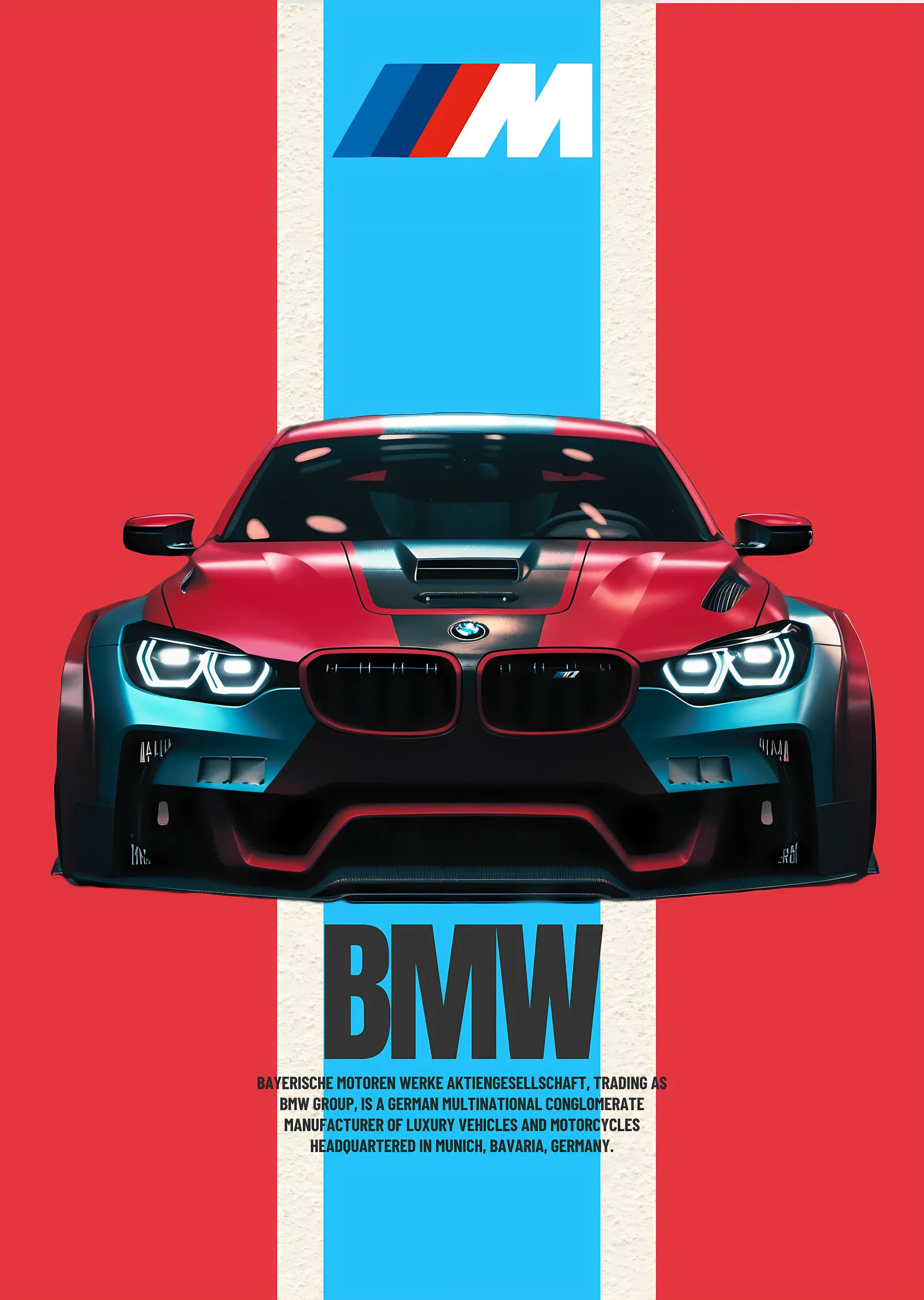BMW: Kırmızı ve Mavi Arkaplanlı Spor Araba metal tablo