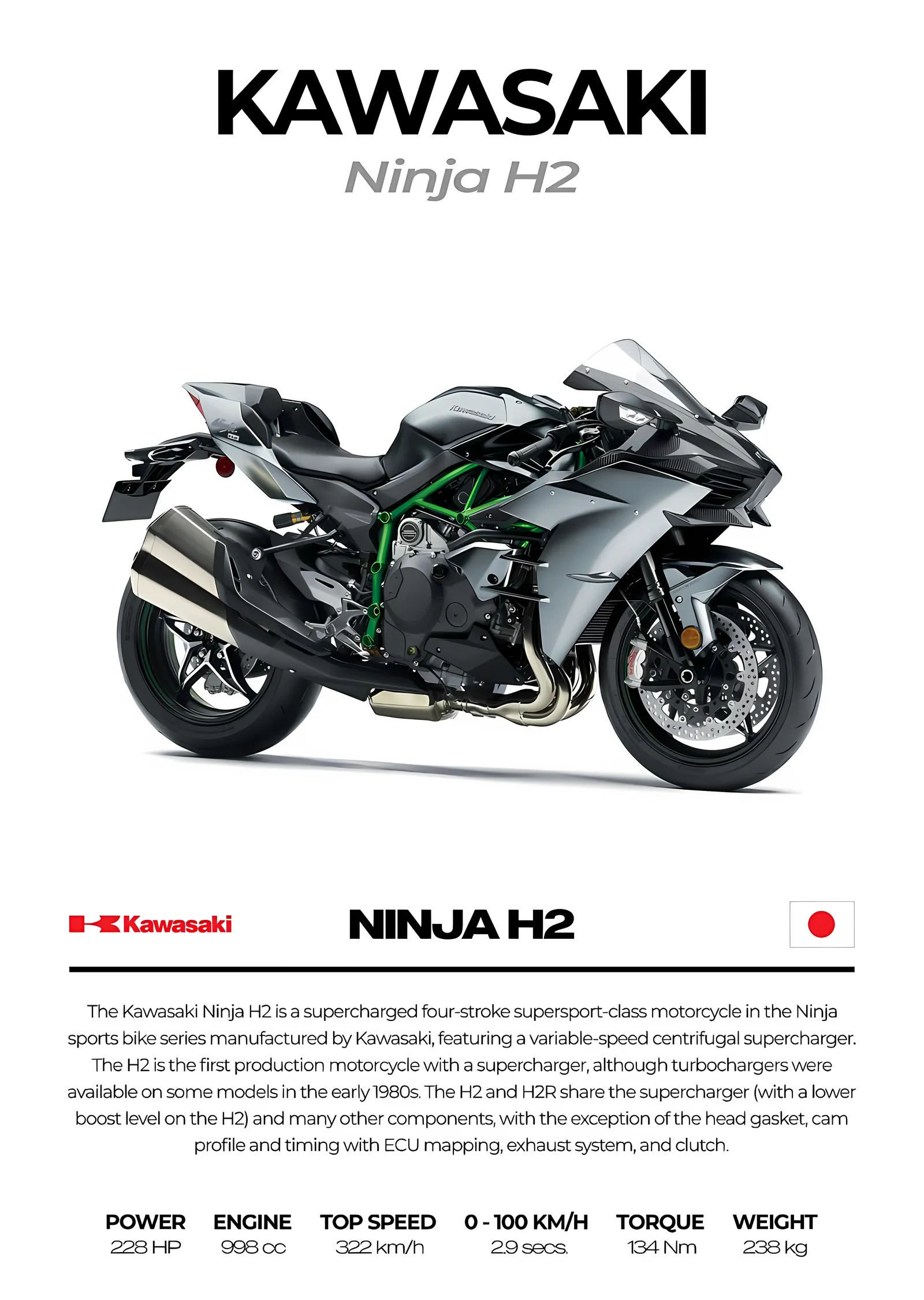 Kawasaki Ninja H2 - Beyaz Zemin Künye metal tablo