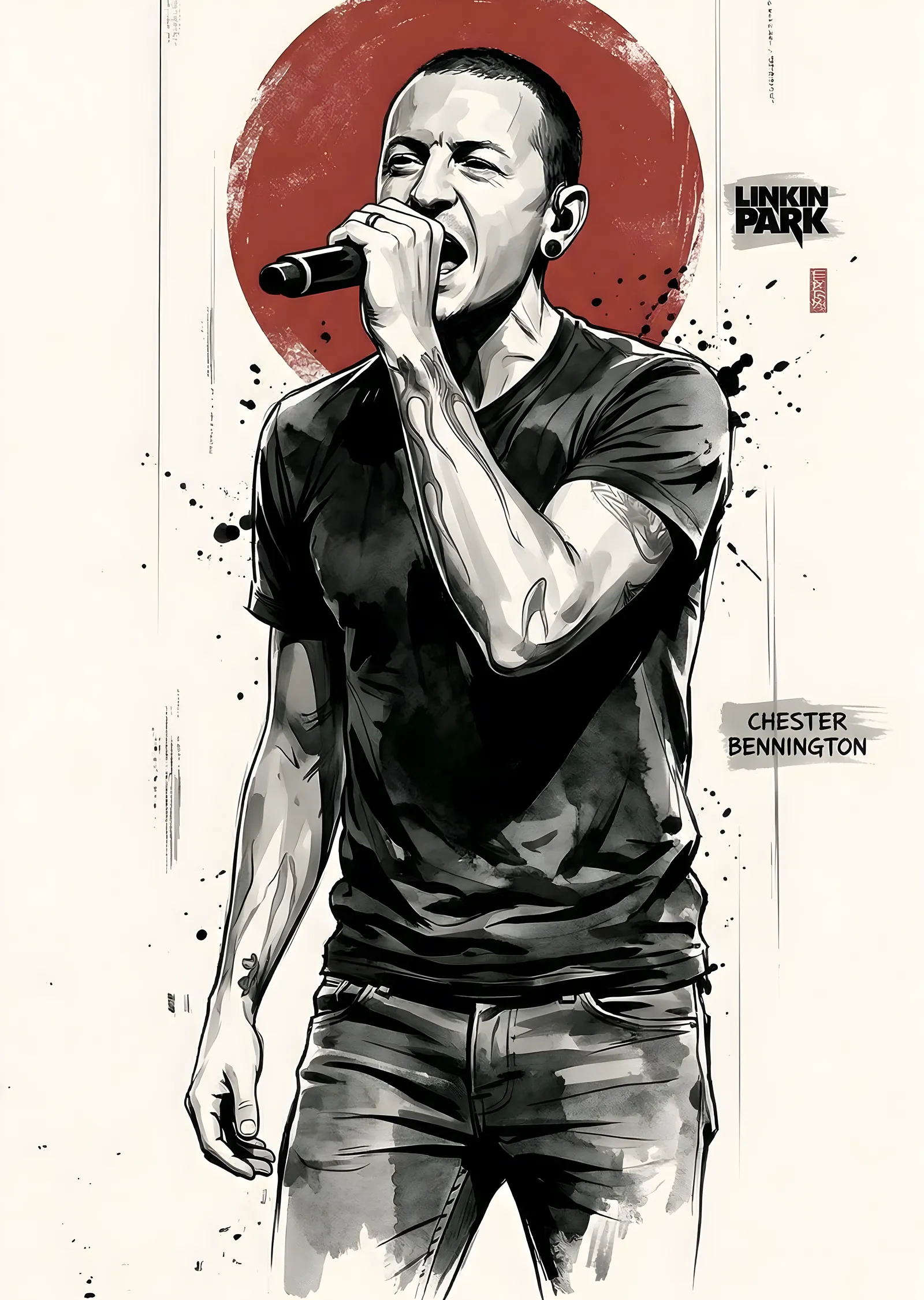 Chester Bennington - Mikrofonla Eskiz Portre metal tablo