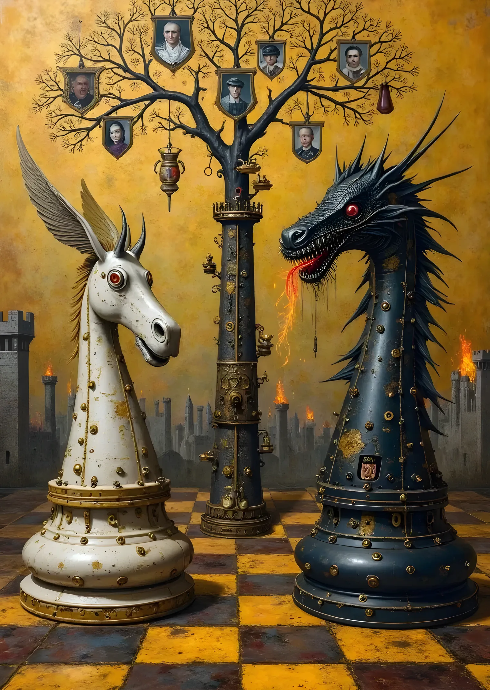 Satranç Tahtasında Pegasus ve Ejderha metal tablo