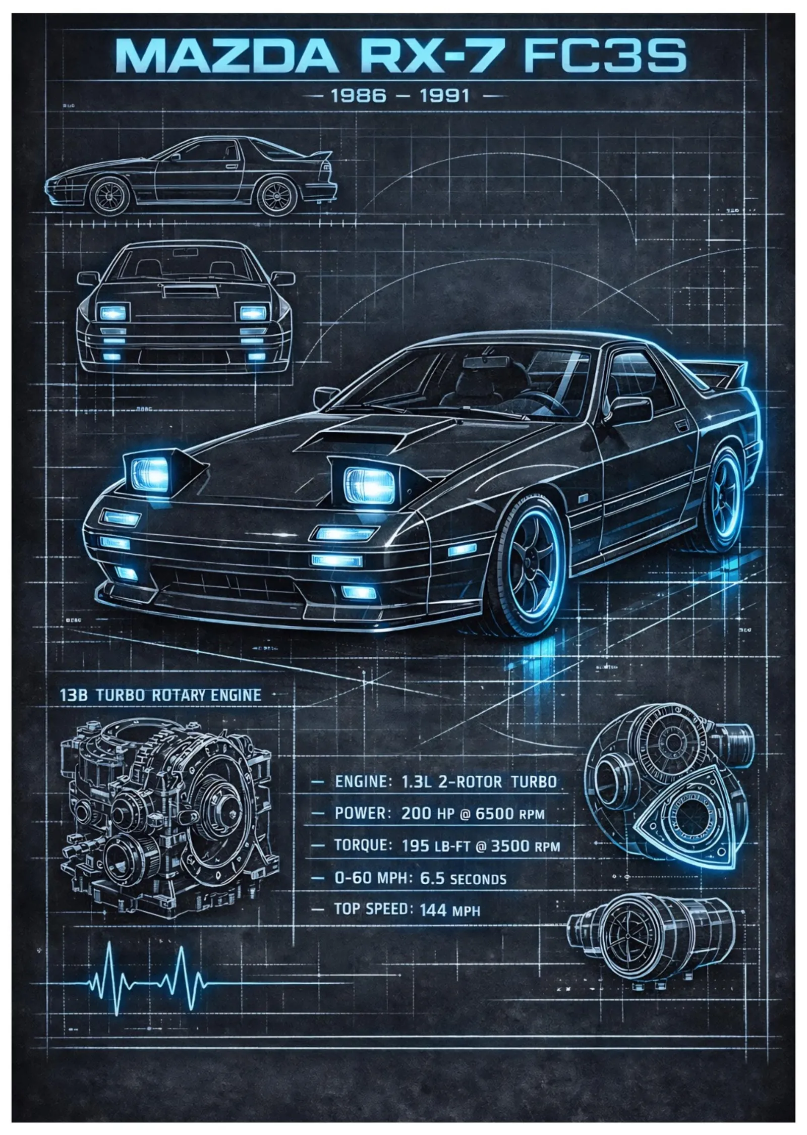 Mazda RX-7 FC3S - Blueprint metal tablo