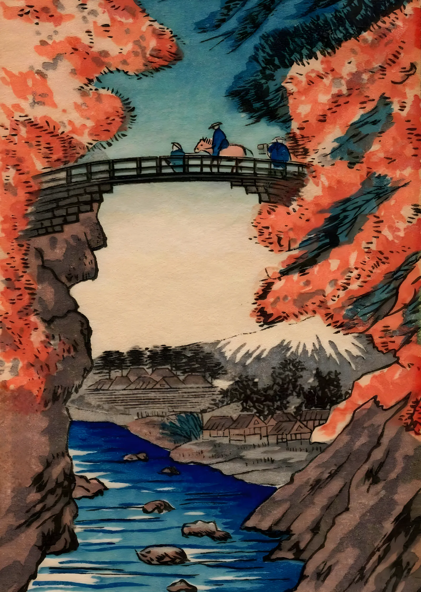 Köprüde Sonbahar · Ukiyo-e metal tablo