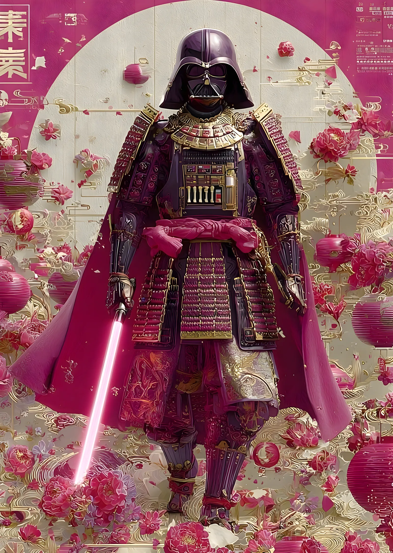 Darth Vader: Samurai Stili - Pembe Çiçekler ve Japon metal tablo