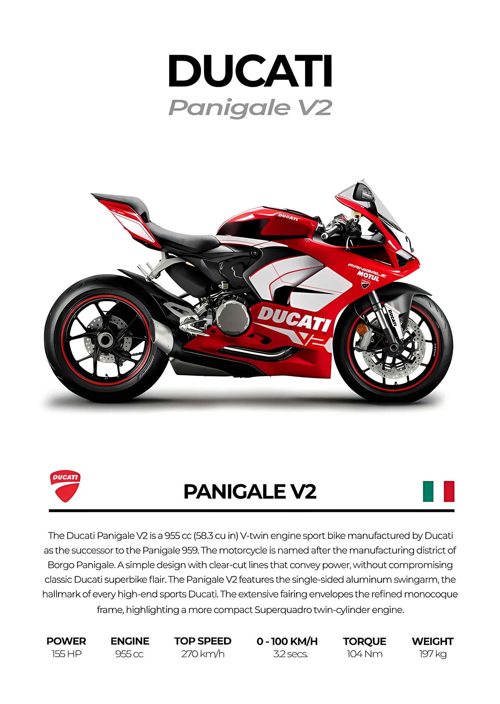 Ducati Panigale V2 - Beyaz Zemin metal tablo