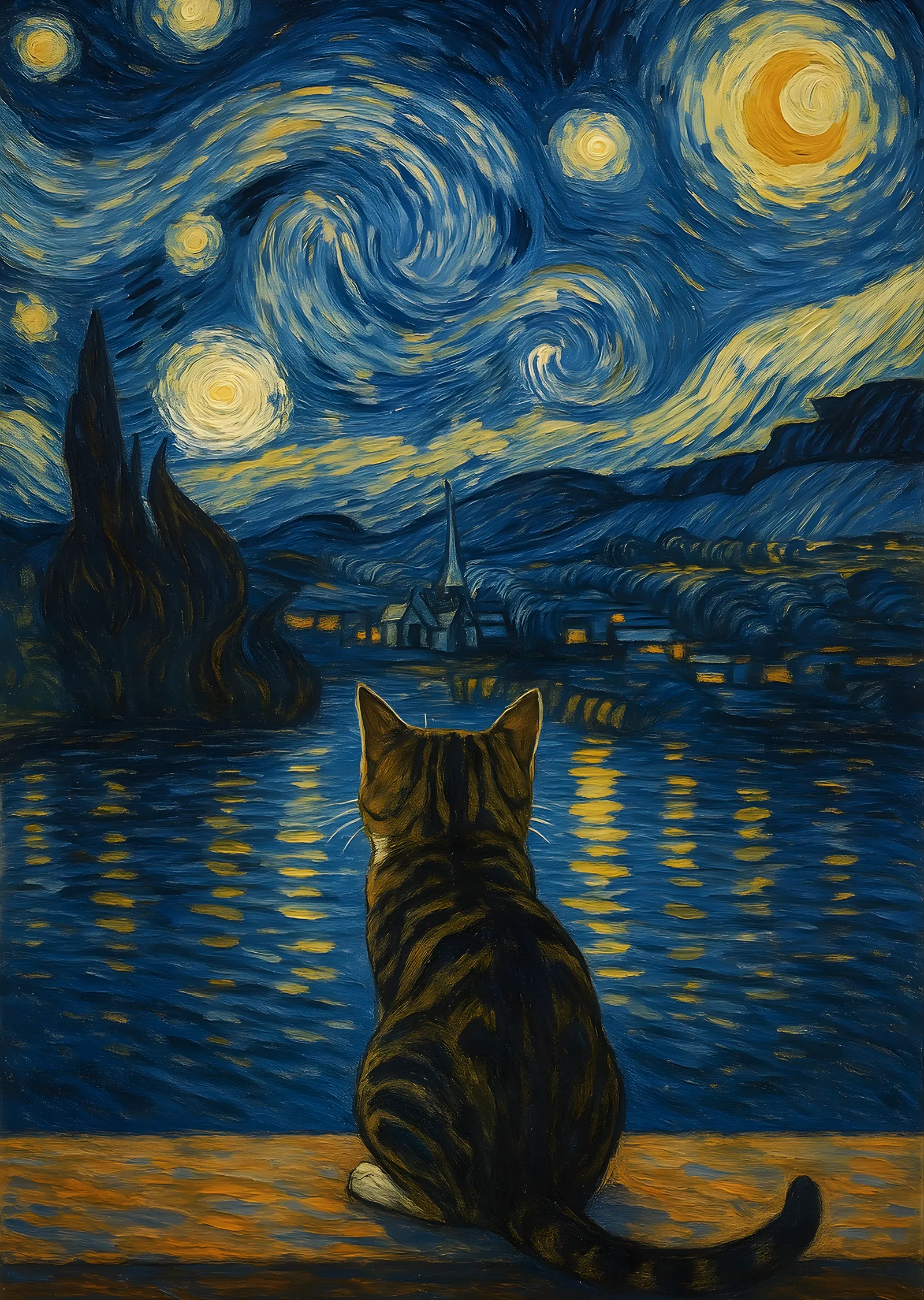Yıldızlı Gece ve Kedi metal tablo