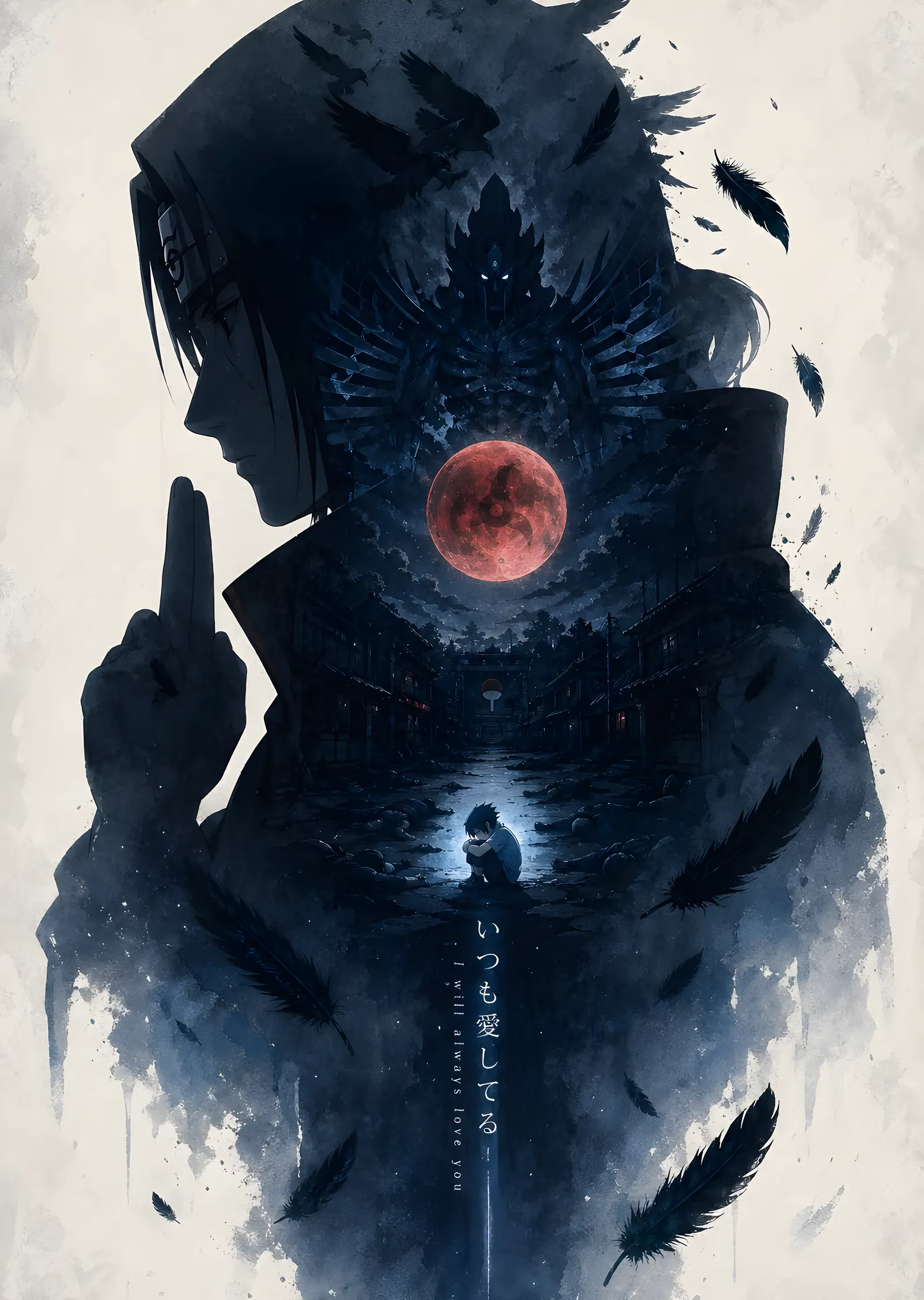 Naruto - Uchiha Itachi: Kızıl Ay ve Silüet metal tablo