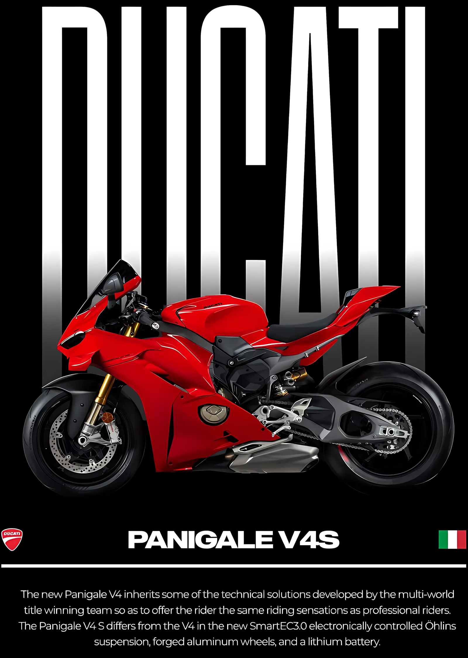 Ducati Panigale V4S - Siyah Zemin Tipografi metal tablo