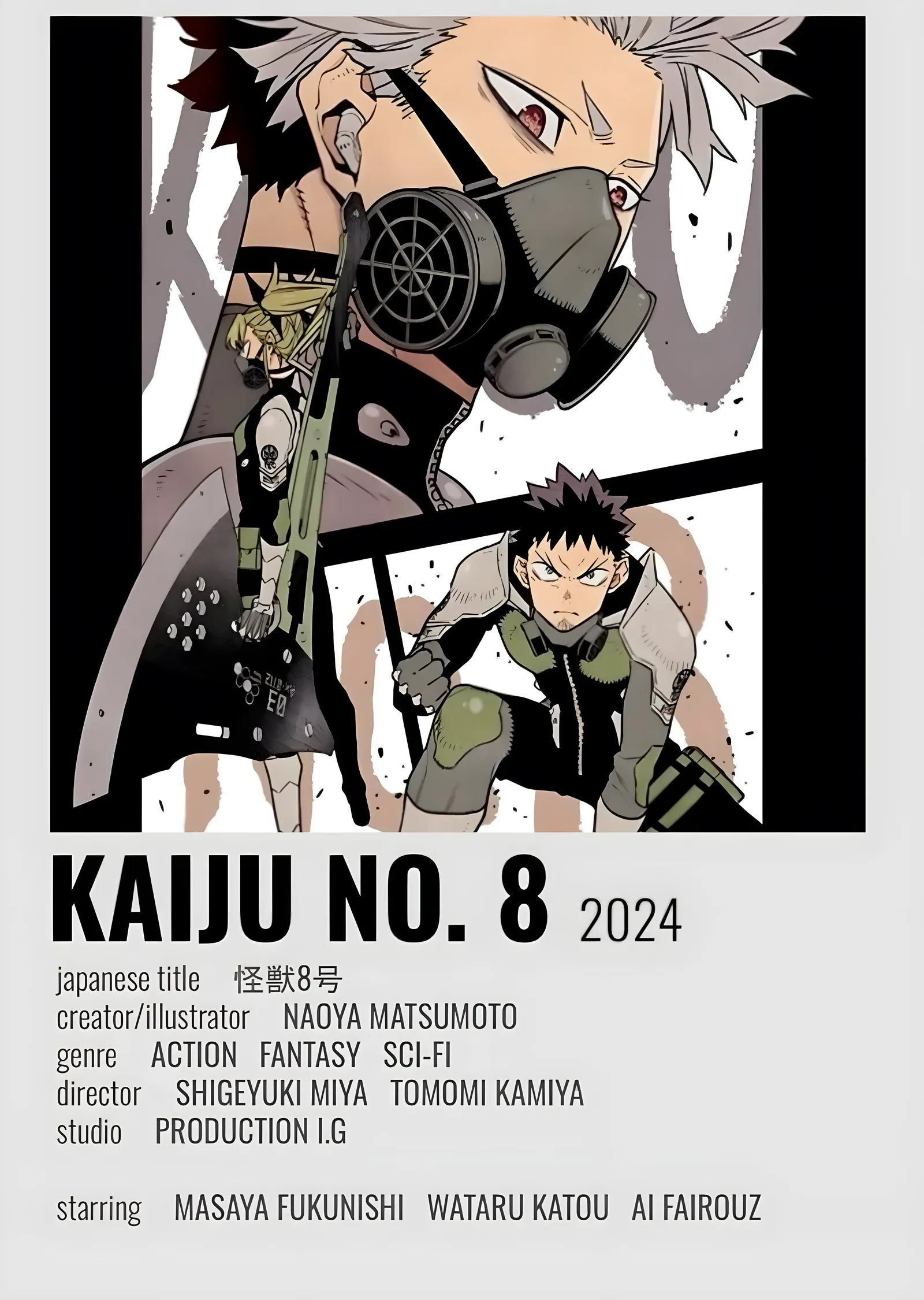 Kaiju No. 8 Anime Metal Poster - Gri, Siyah, Beyaz ve Yeşil metal tablo