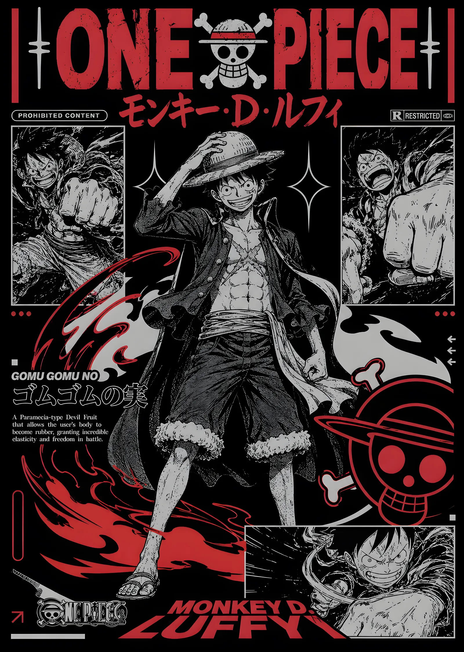One Piece: Monkey D. Luffy Siyah Beyaz metal tablo