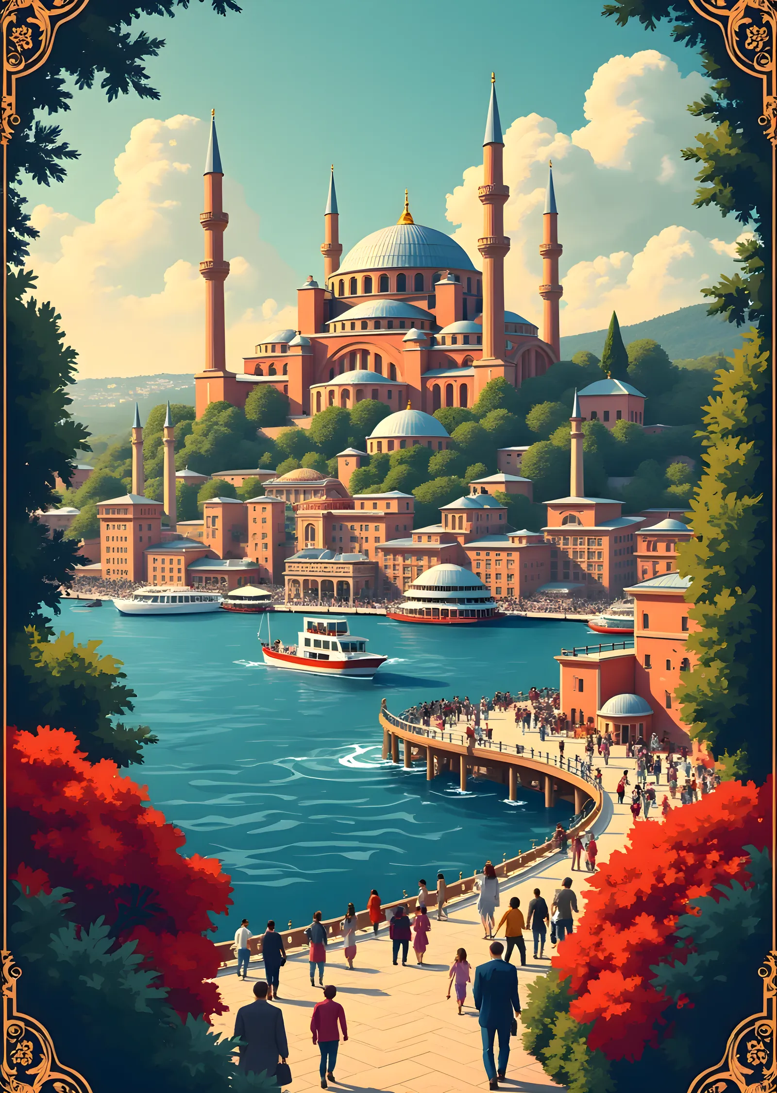 Lacivert Sular ve Turuncu Binalı İstanbul Manzarası metal tablo