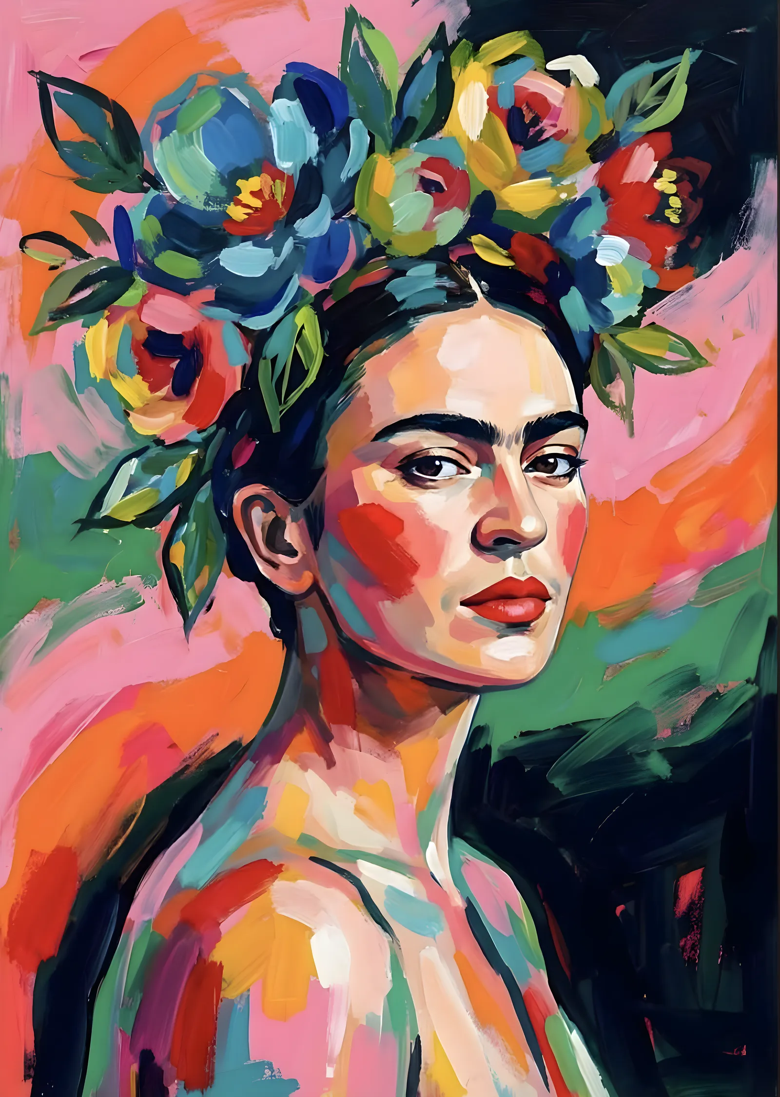 Frida Kahlo: Çiçekli Yağlı Boya Portre metal tablo