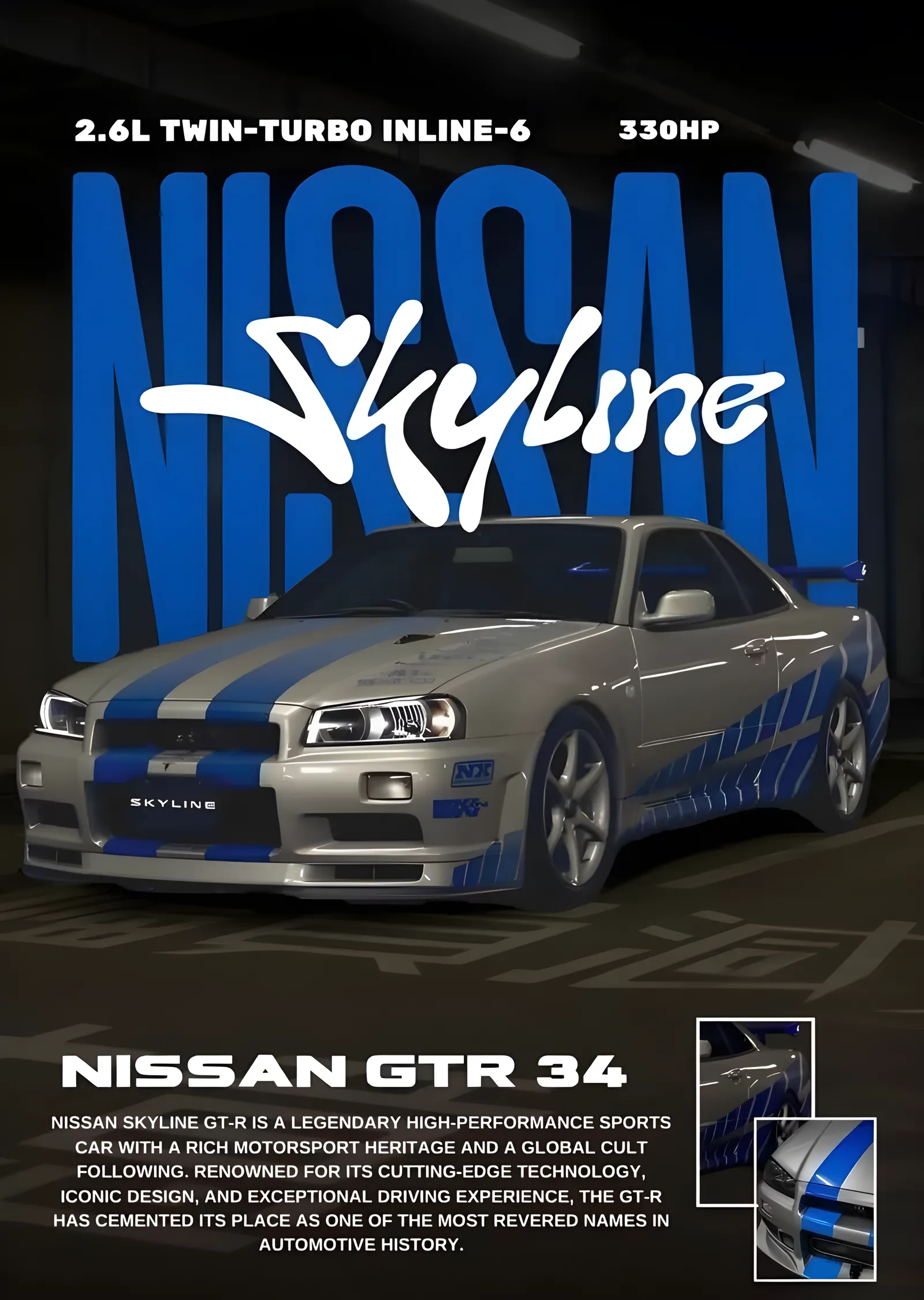 Nissan Skyline GT-R R34 - Mavi Tipografi metal tablo