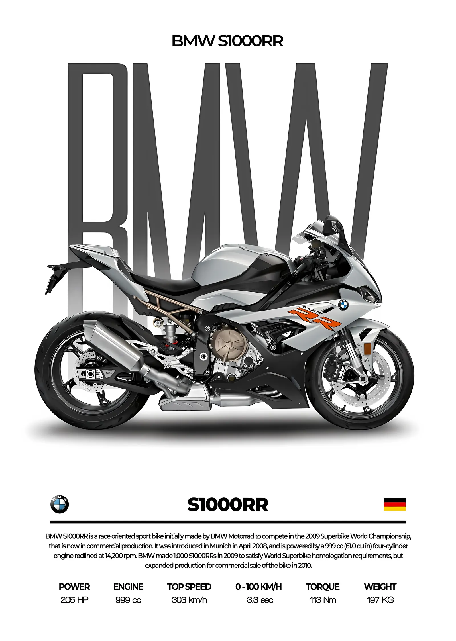 BMW S 1000 RR - Gri Tipografi metal tablo