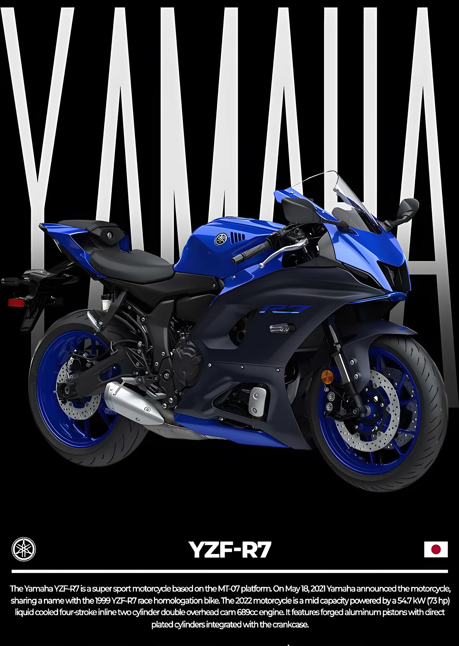 Yamaha YZF-R7 - Mavi Gövde Tipografi metal tablo