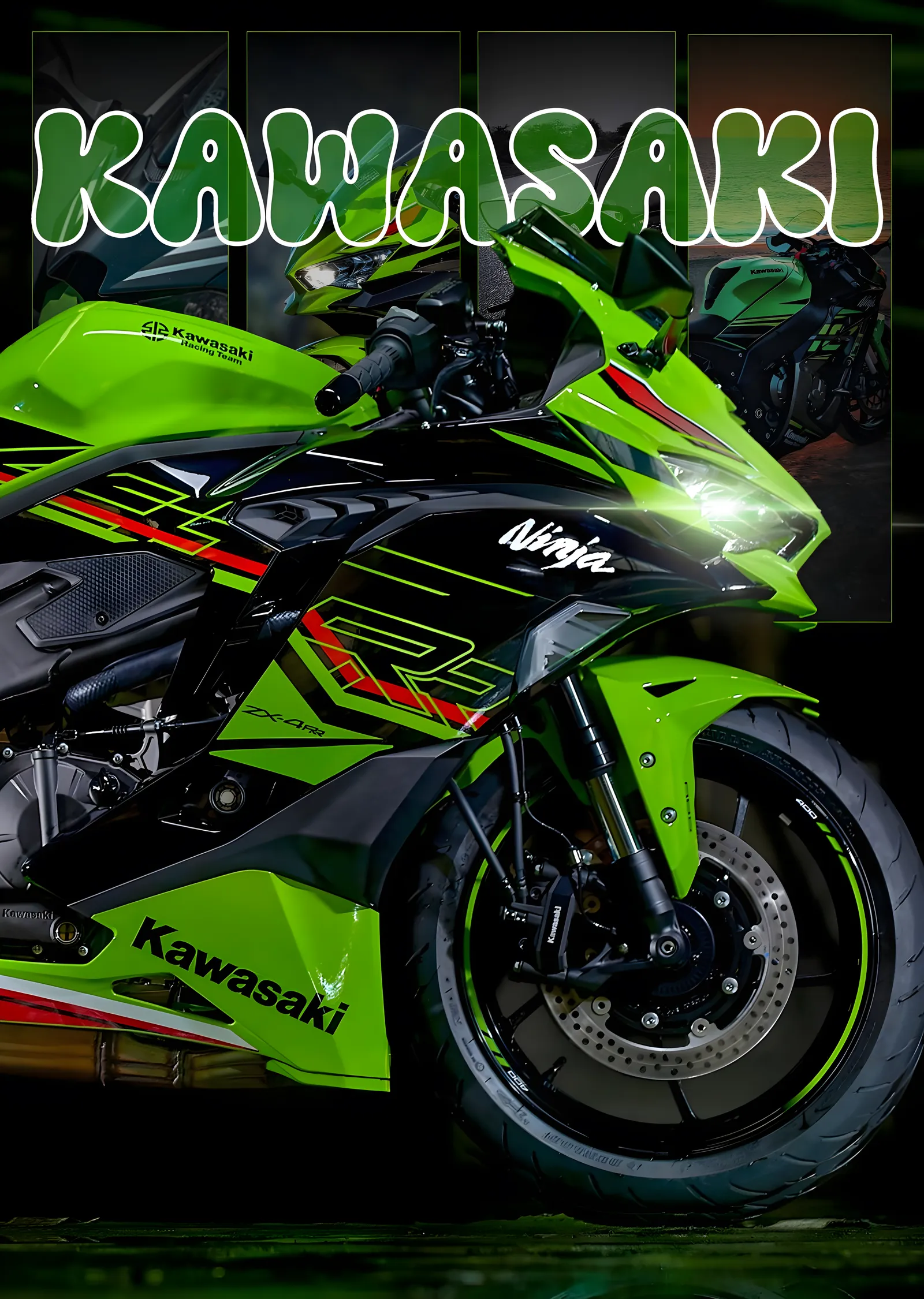 Kawasaki Ninja - Yeşil Grafiti Tipografi metal tablo