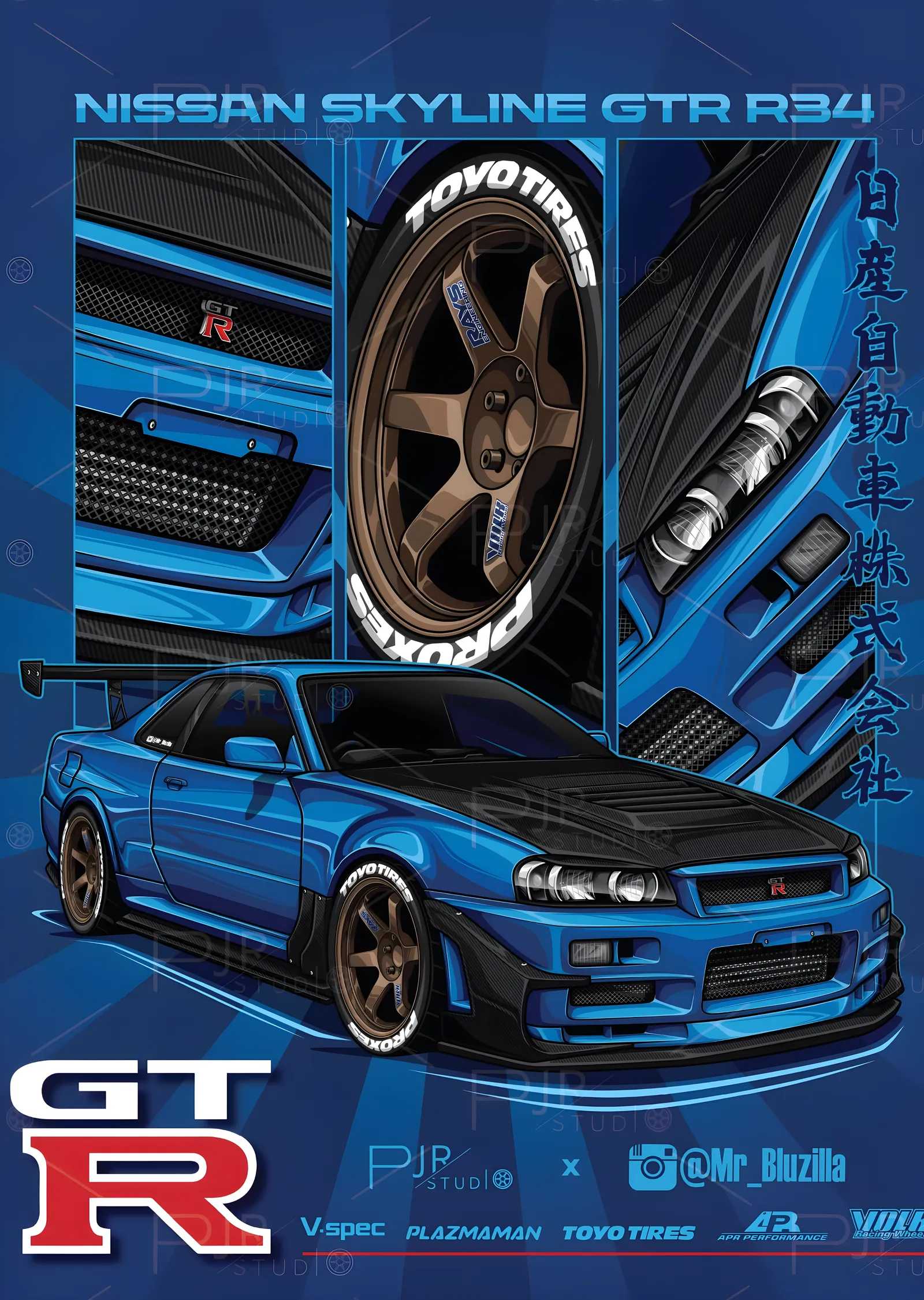 Nissan Skyline GTR R34 - Mavi Kolaj metal tablo