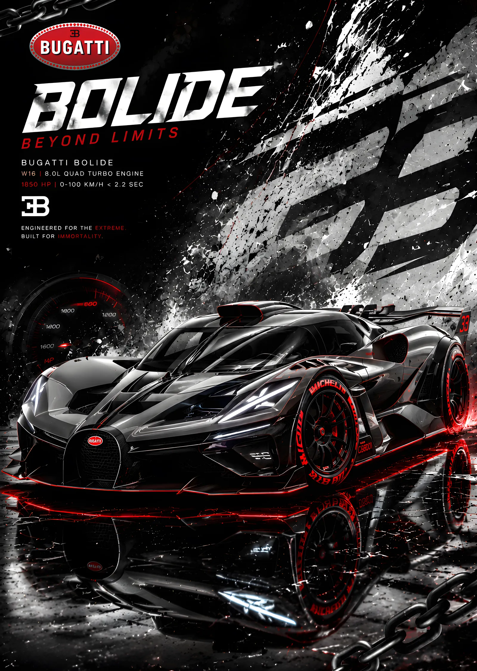 Bugatti Bolide: Siyah Kırmızı Gece metal tablo