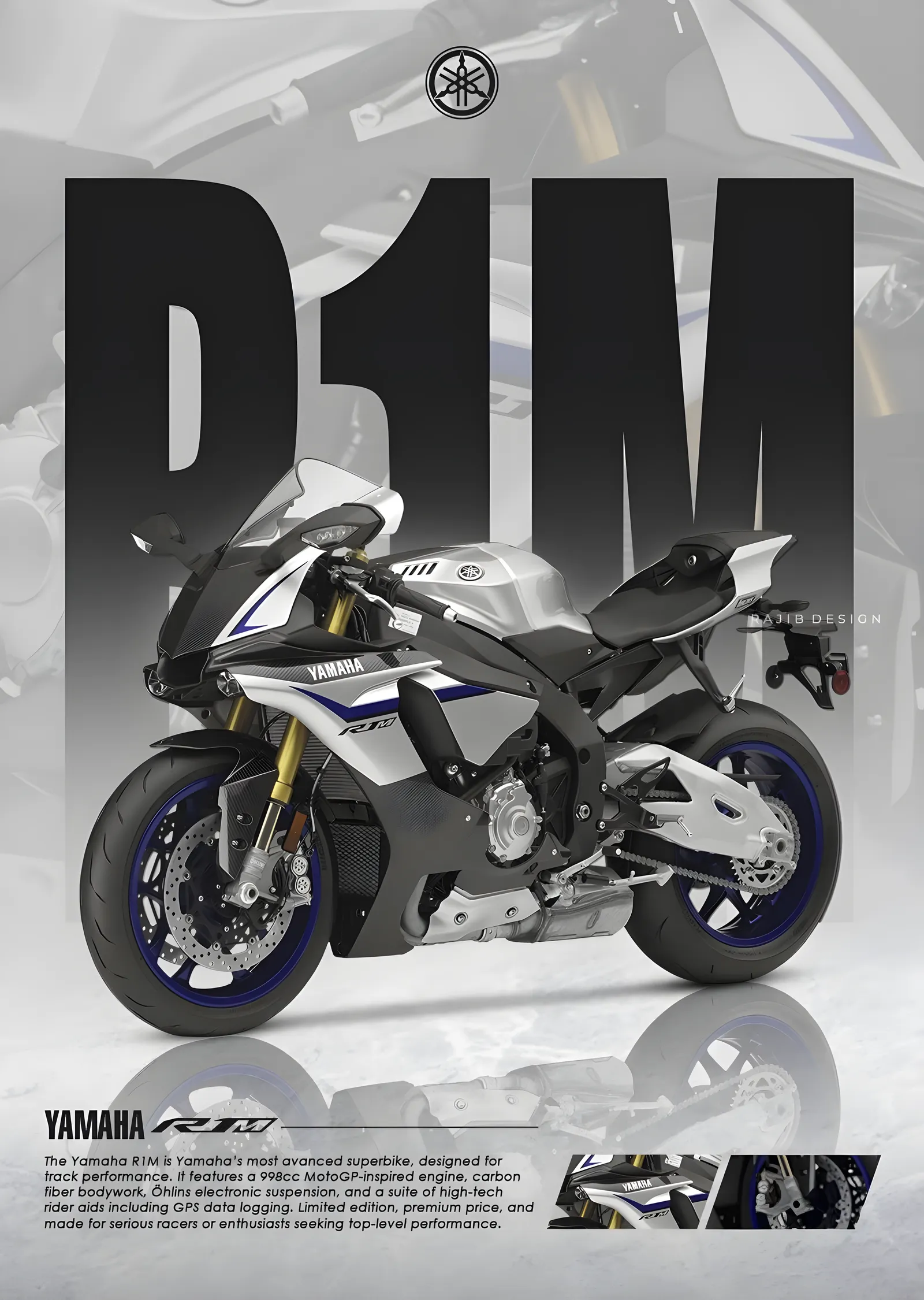 Yamaha YZF-R1M - Beyaz Kolaj metal tablo