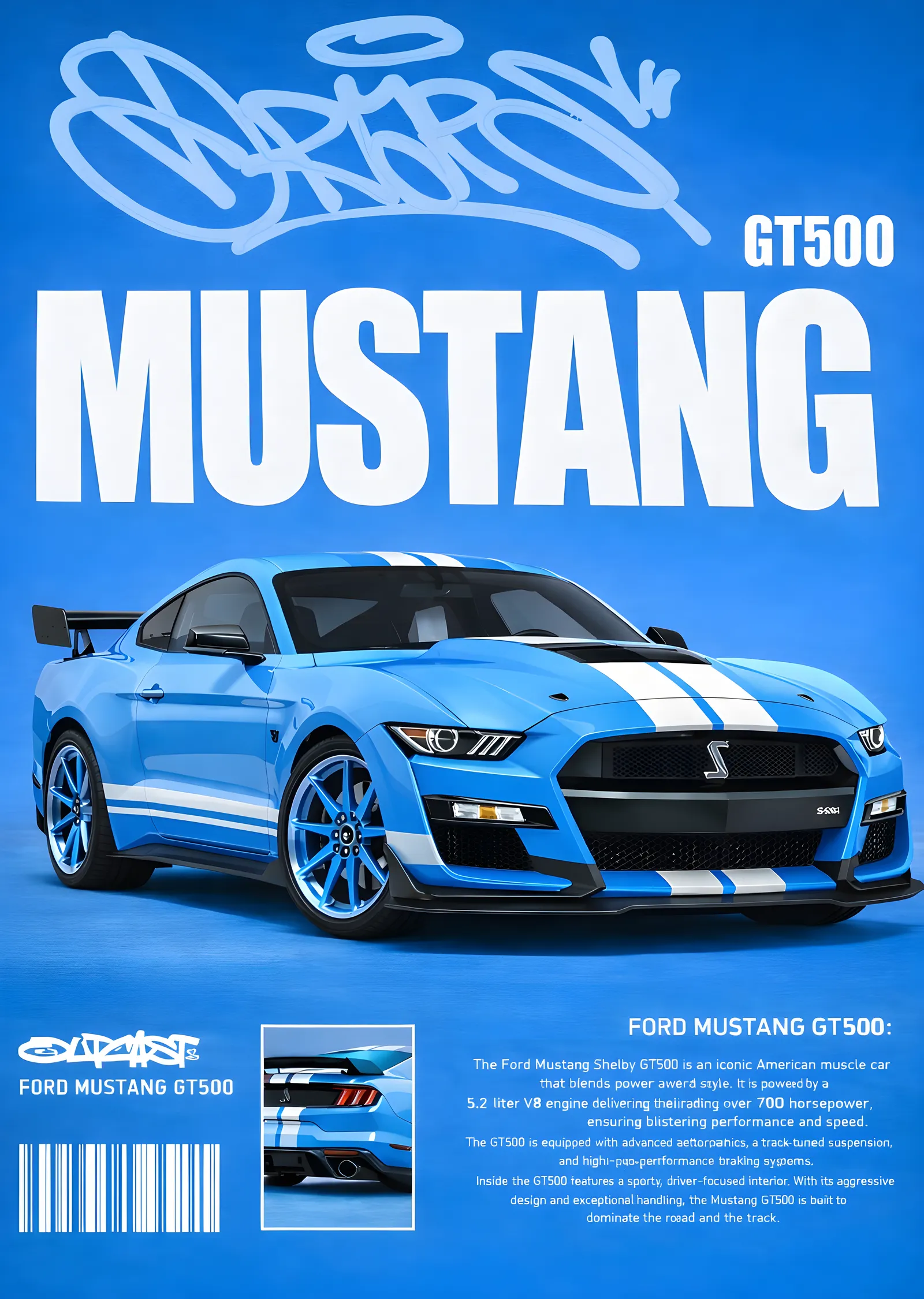 Ford Mustang GT500 - Mavi Grafiti metal tablo