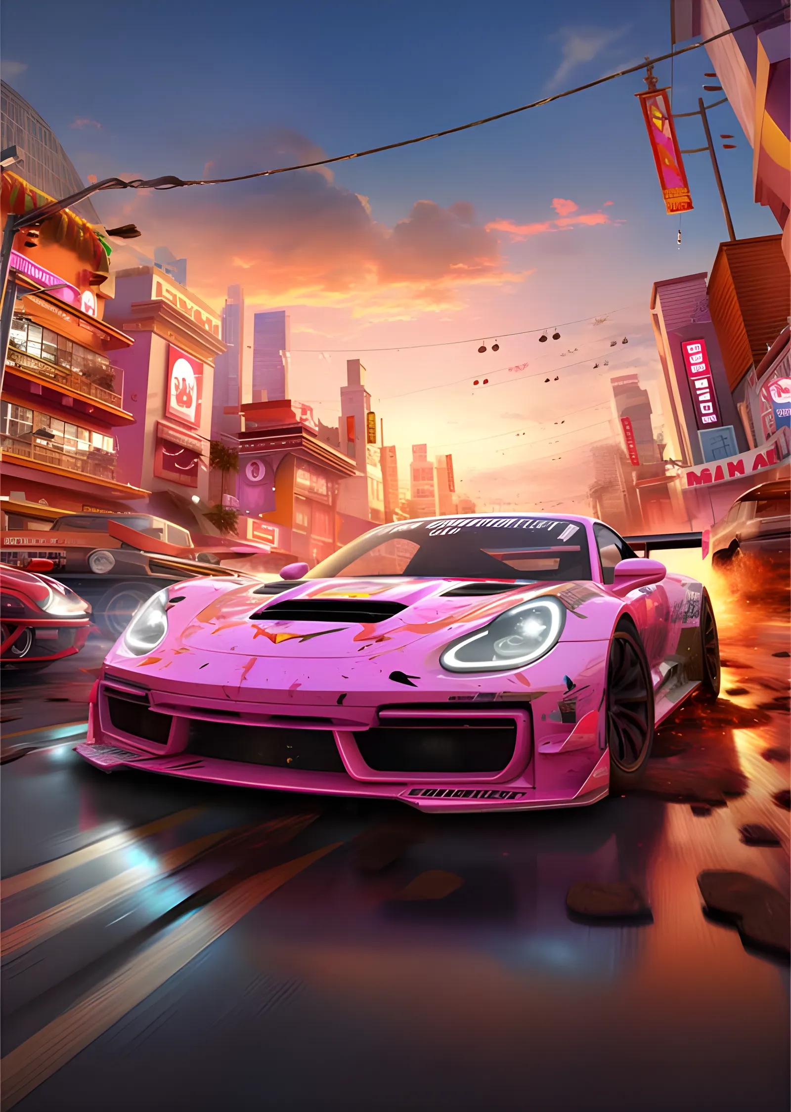 Pembe Porsche - Neon Şehirde Gün Batımı metal tablo