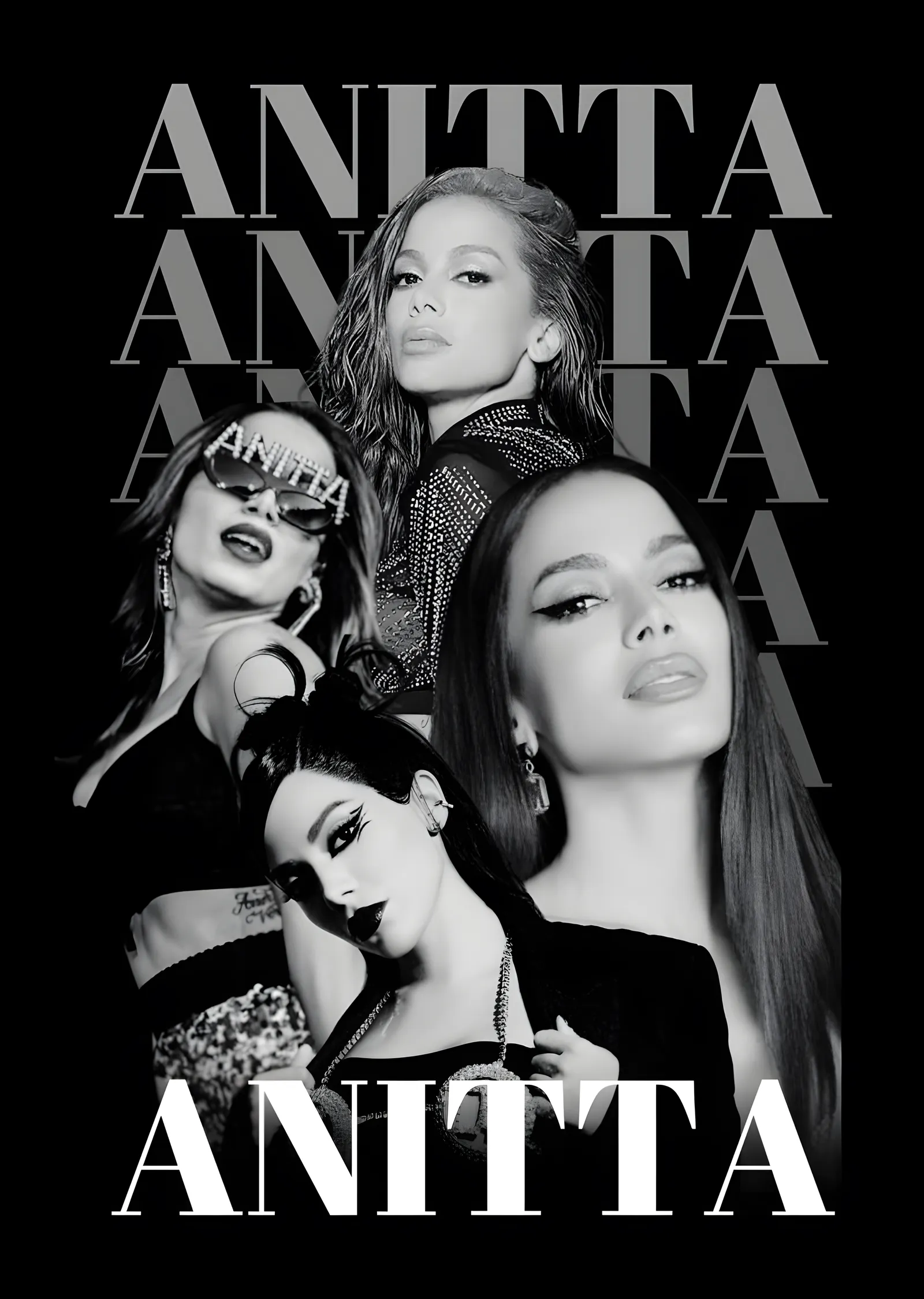 Anitta - Siyah Beyaz Kolaj metal tablo