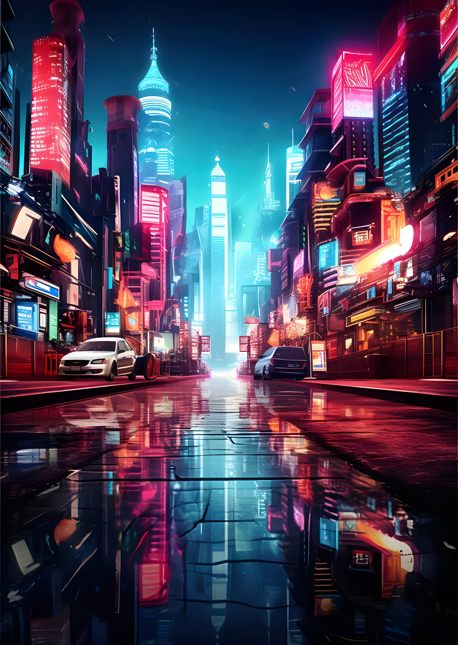 Neon Siberpunk Cadde - Islak Asfalt Yansıması metal tablo
