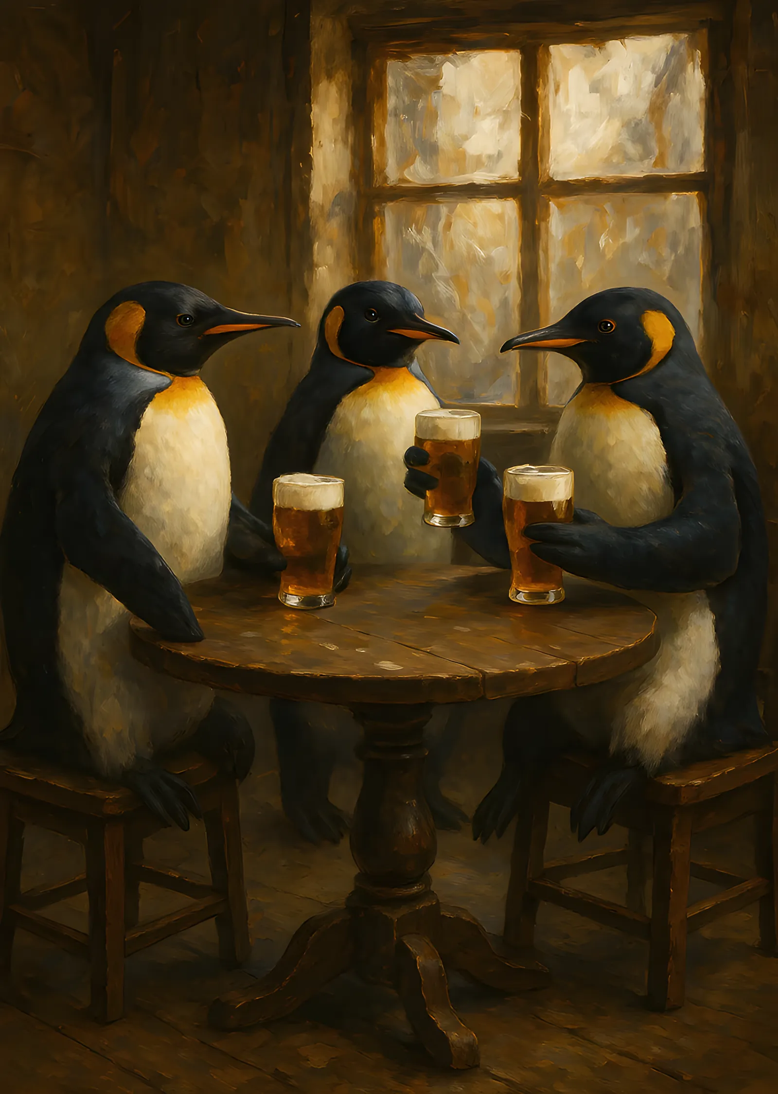 Pub Masasında Penguenler metal tablo