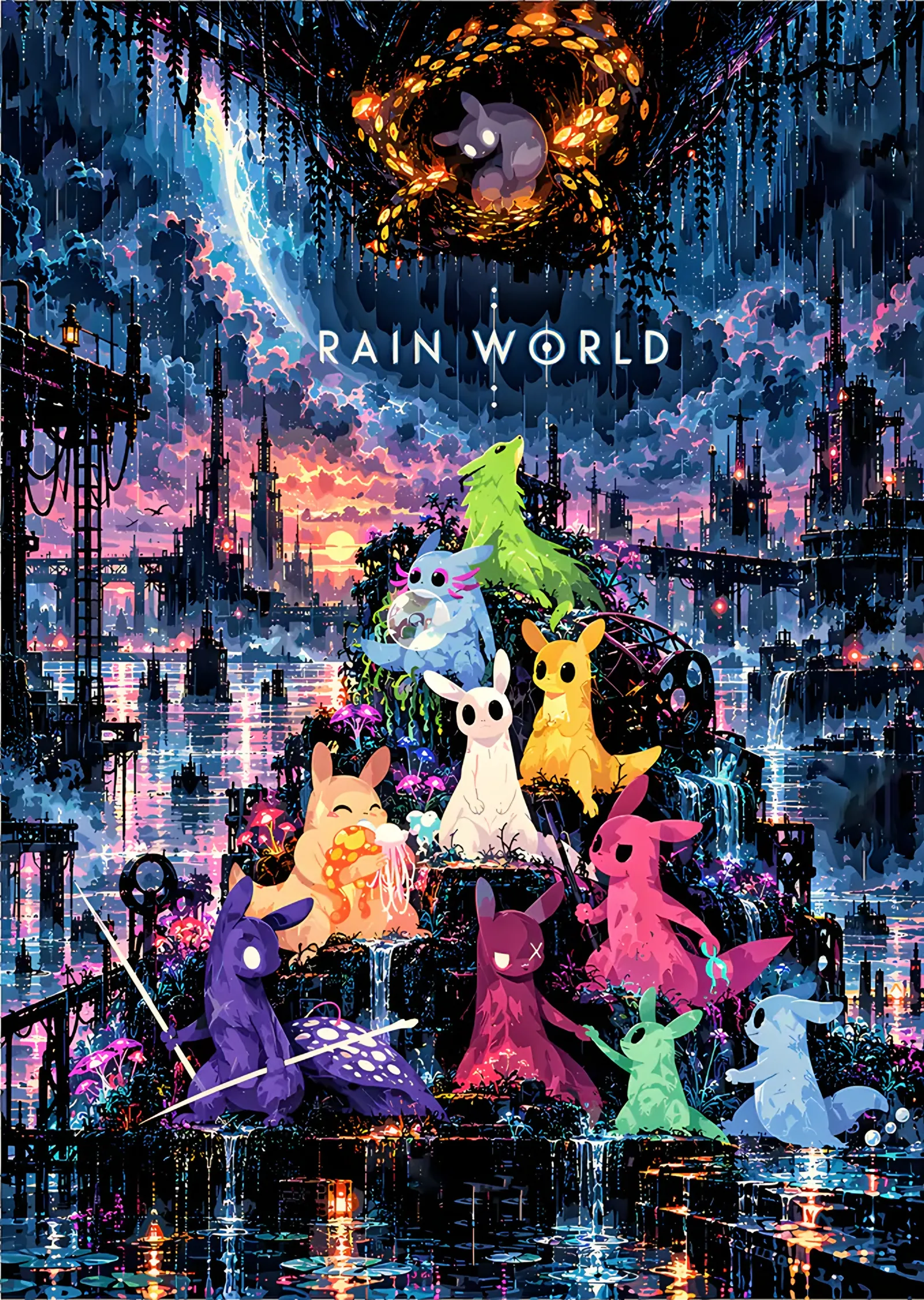 Rain World: Neon Harabede Slugcat Sürüsü metal tablo