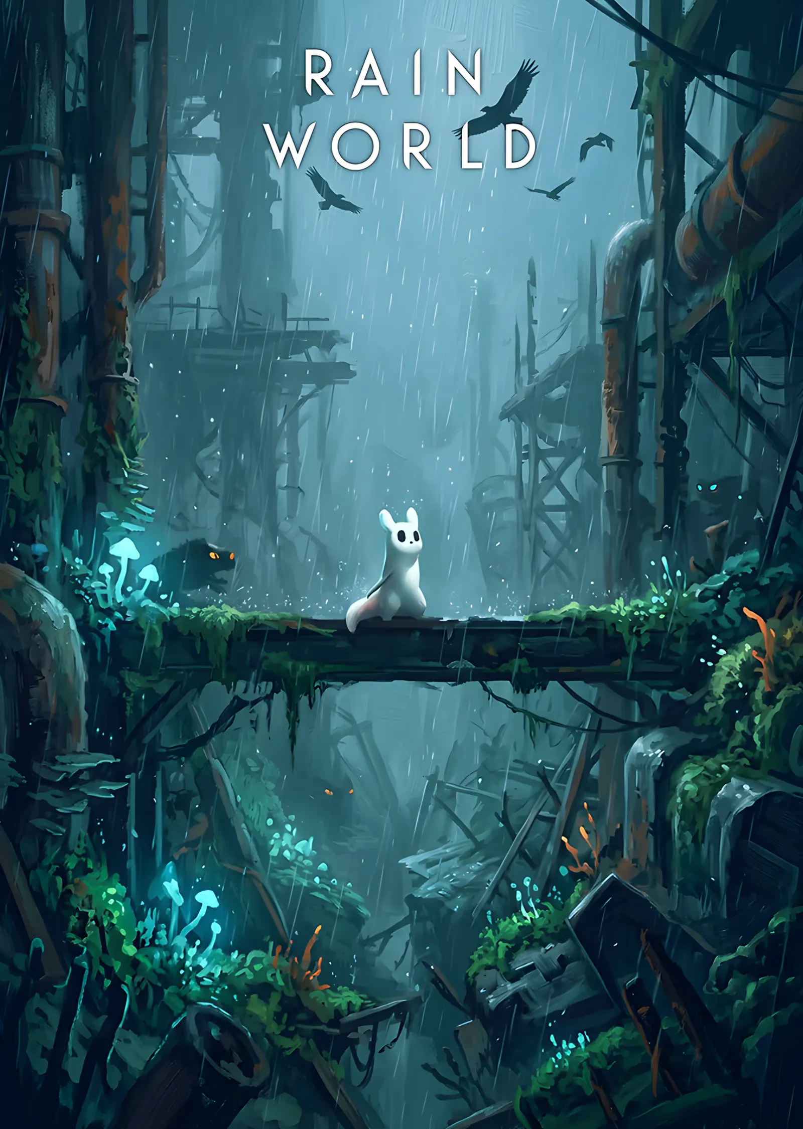 Rain World: Turkuaz Harabede Beyaz Slugcat metal tablo