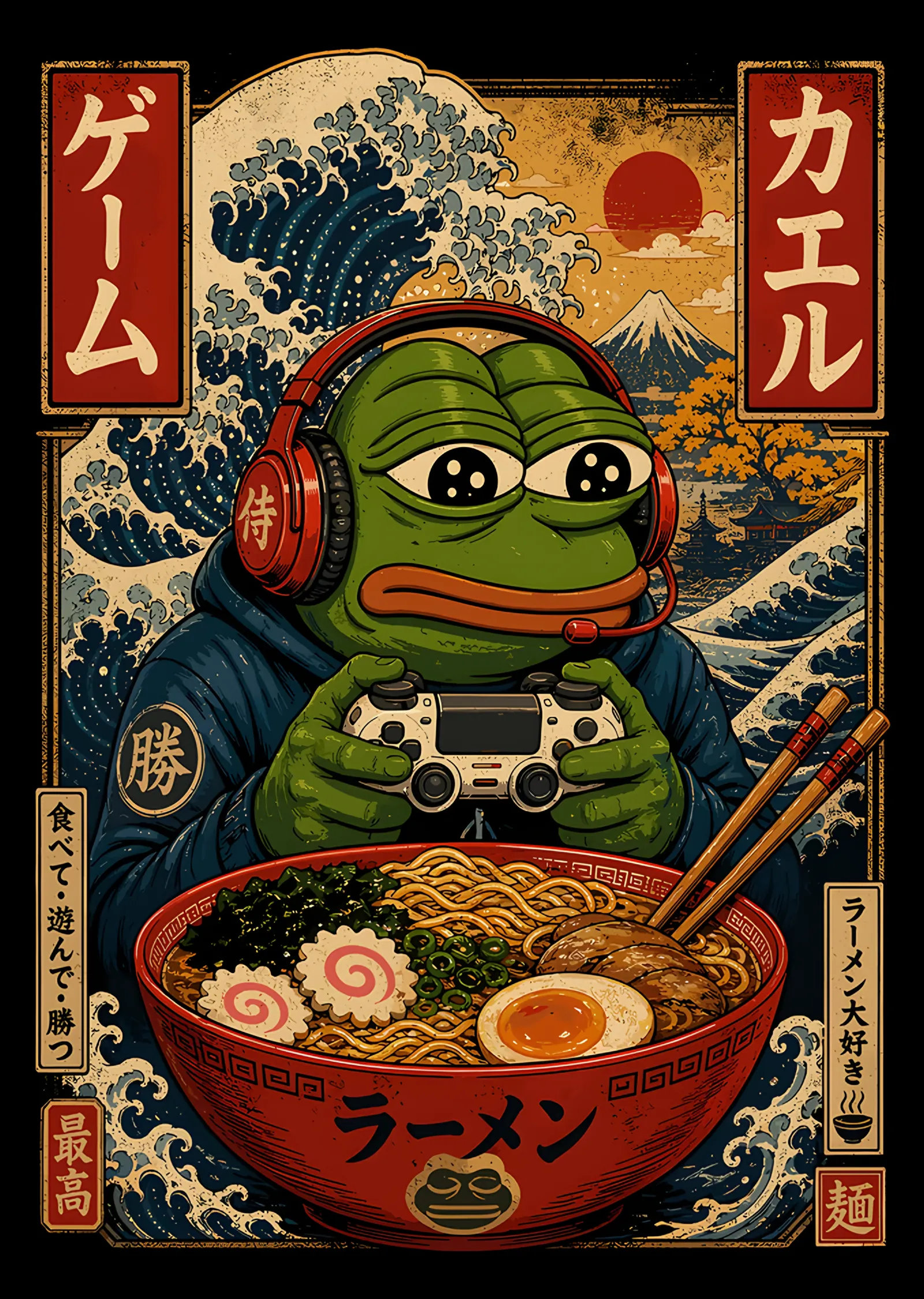 Ramen Kâsesinde Kulaklıklı Kurbağa metal tablo