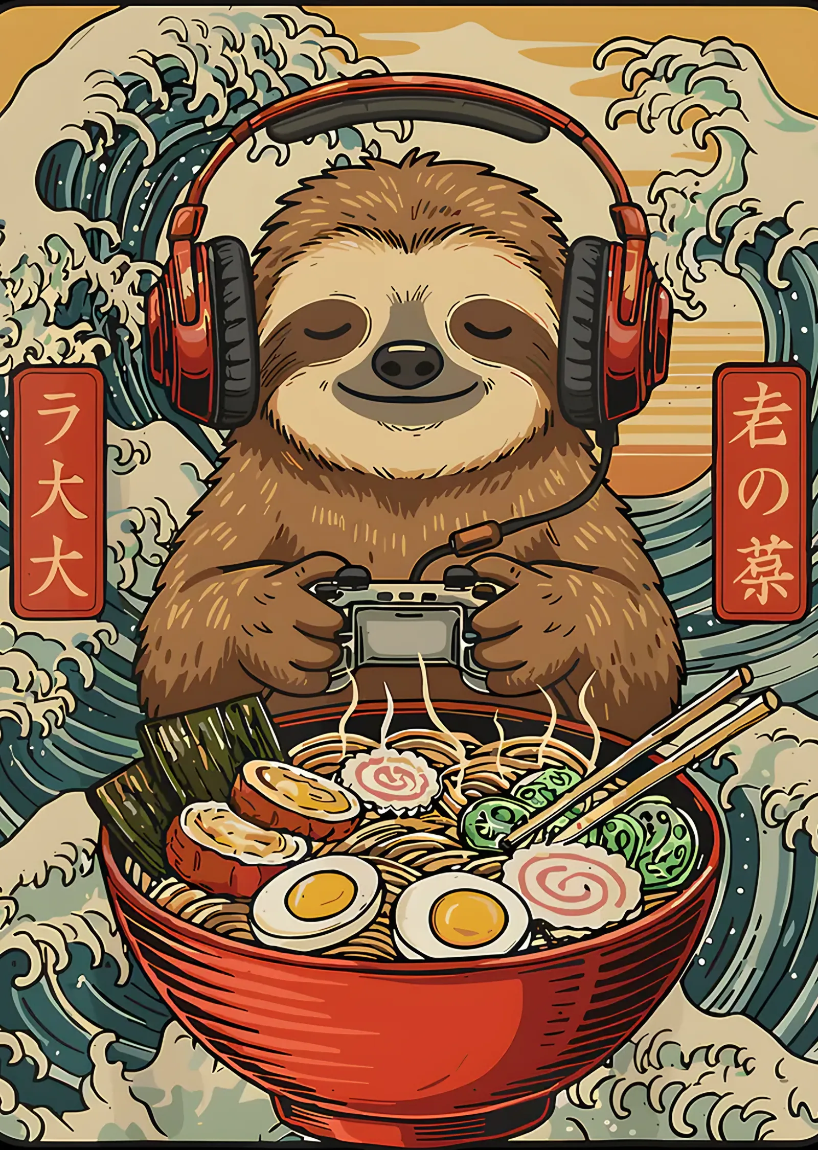 Ramen Kâsesinde Kulaklıklı Tembel Hayvan metal tablo