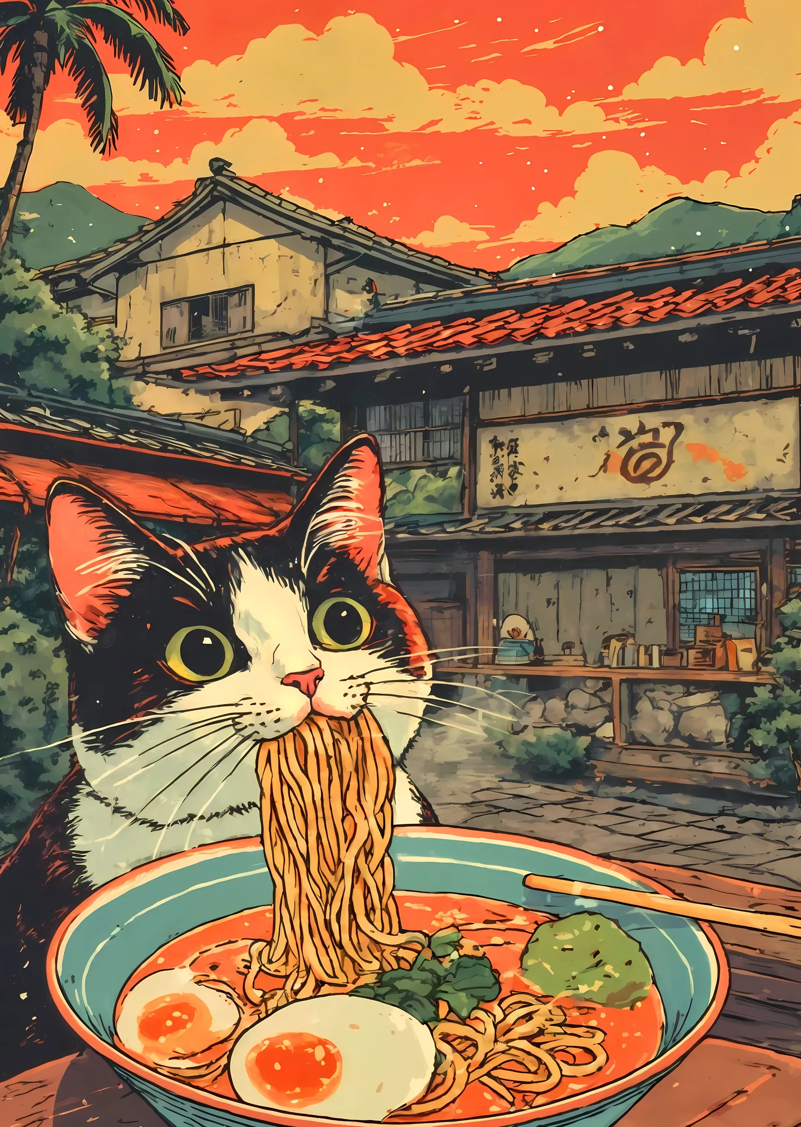 Ramen Kedisi - Japon Sokağı metal tablo