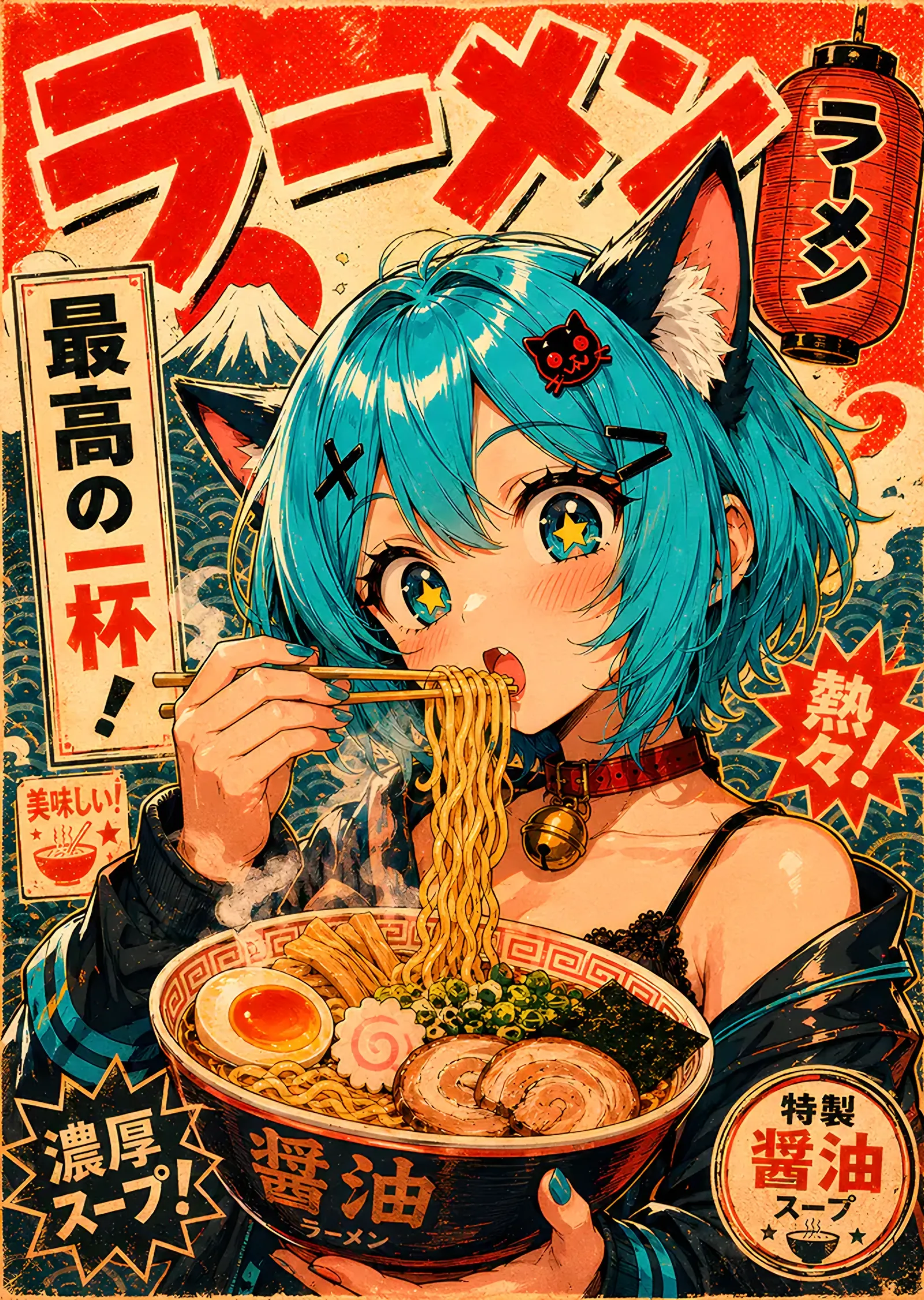 Ramen Yiyen Kedi Kulaklı Anime Kız metal tablo