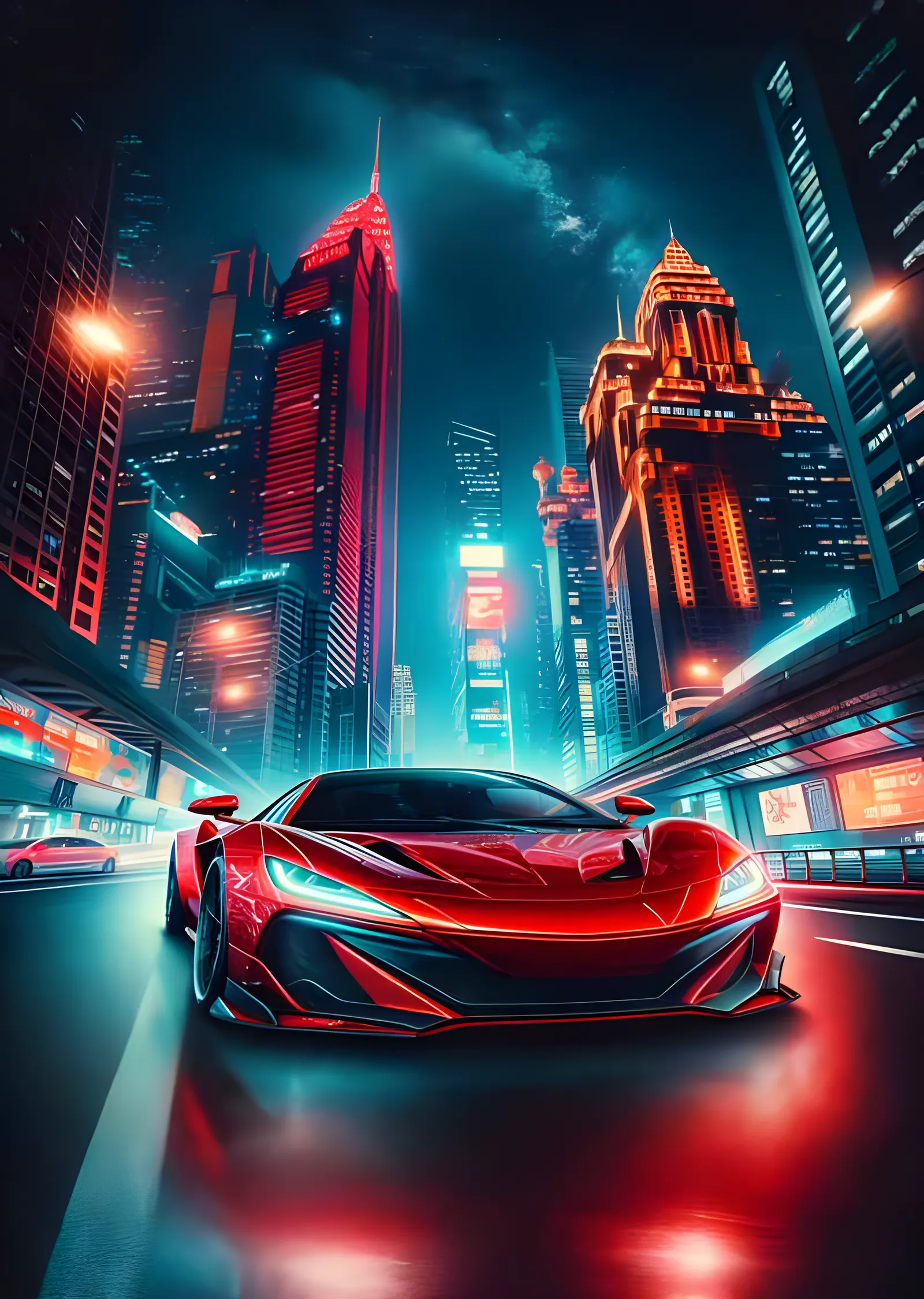 Kırmızı Süper Otomobil - Neon Gece Şehri metal tablo