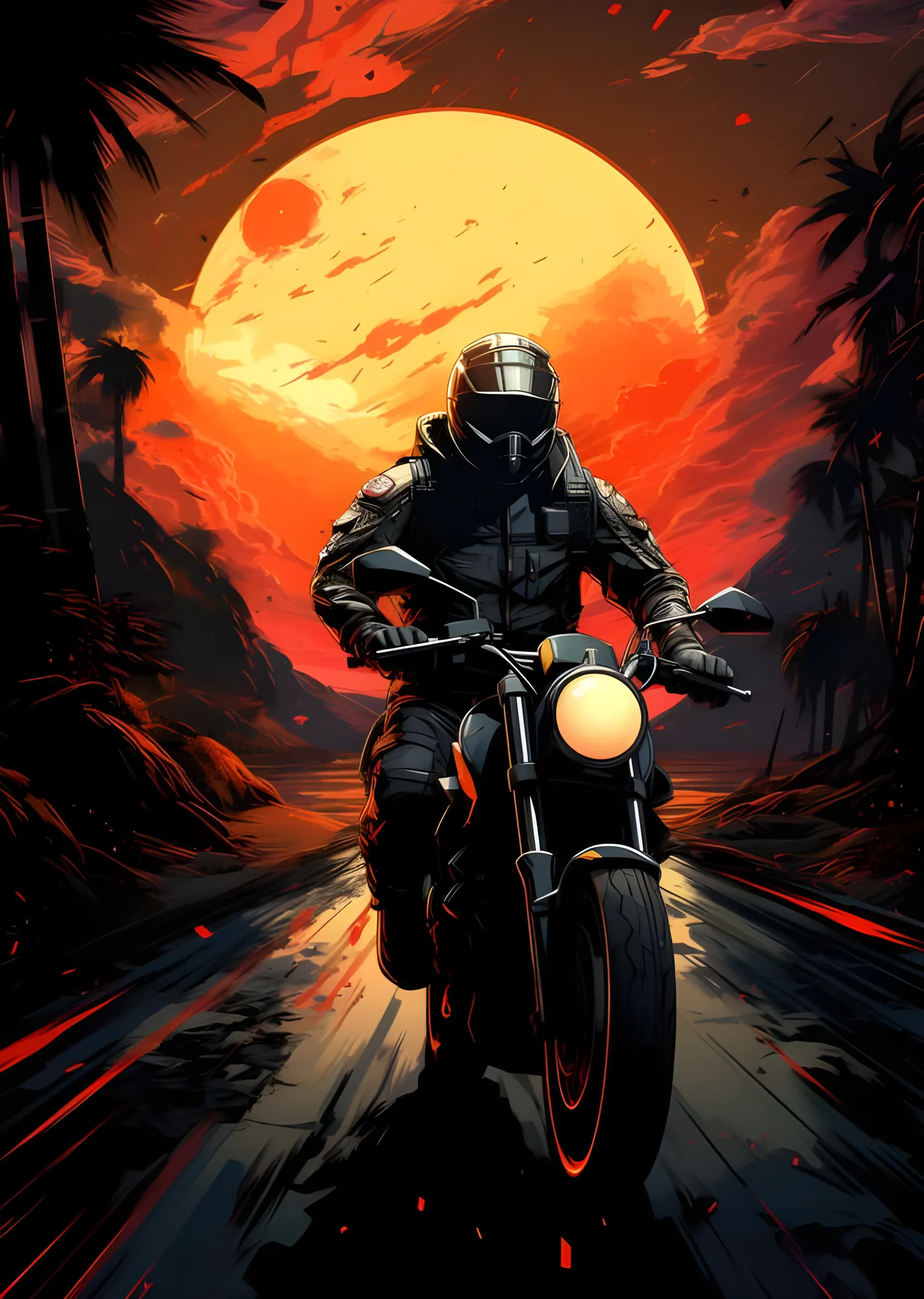 Kızıl Güneşe Doğru Motosiklet Sürüşü metal tablo