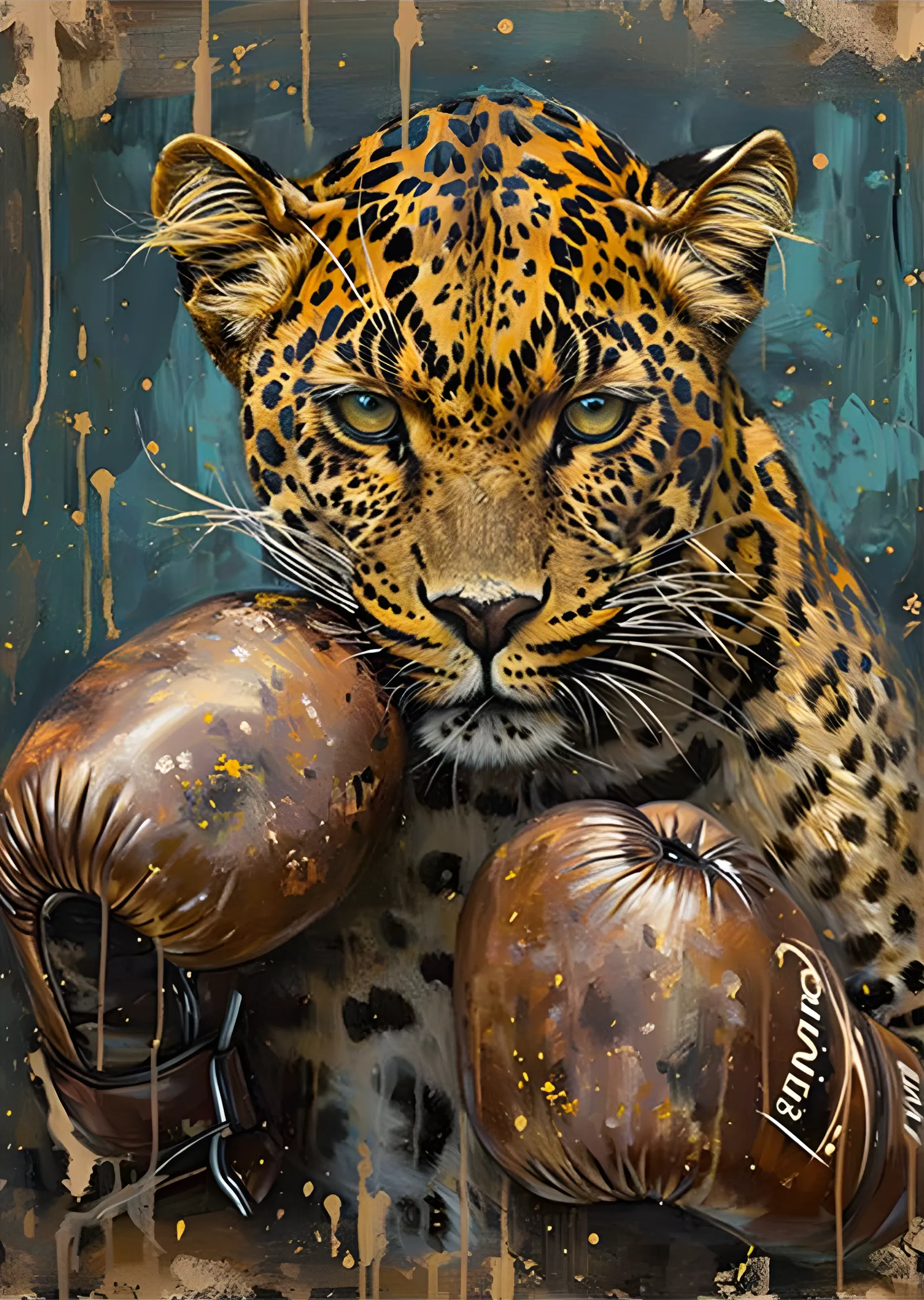 Ringdeki Leopar - Petrol Mavisi Zemin metal tablo