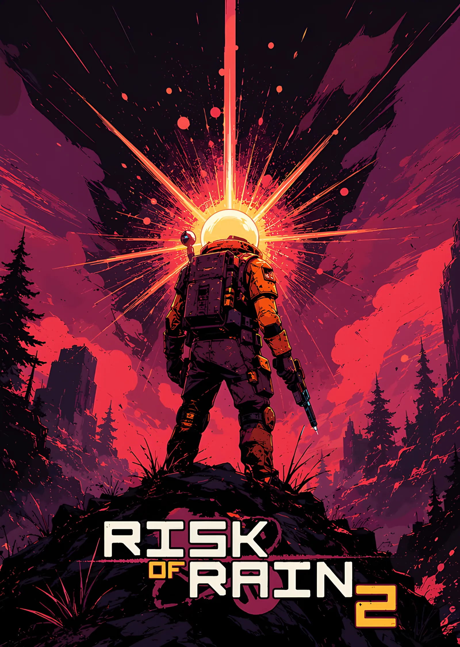 Risk of Rain 2: Kızıl Şafakta Komando Silüeti metal tablo