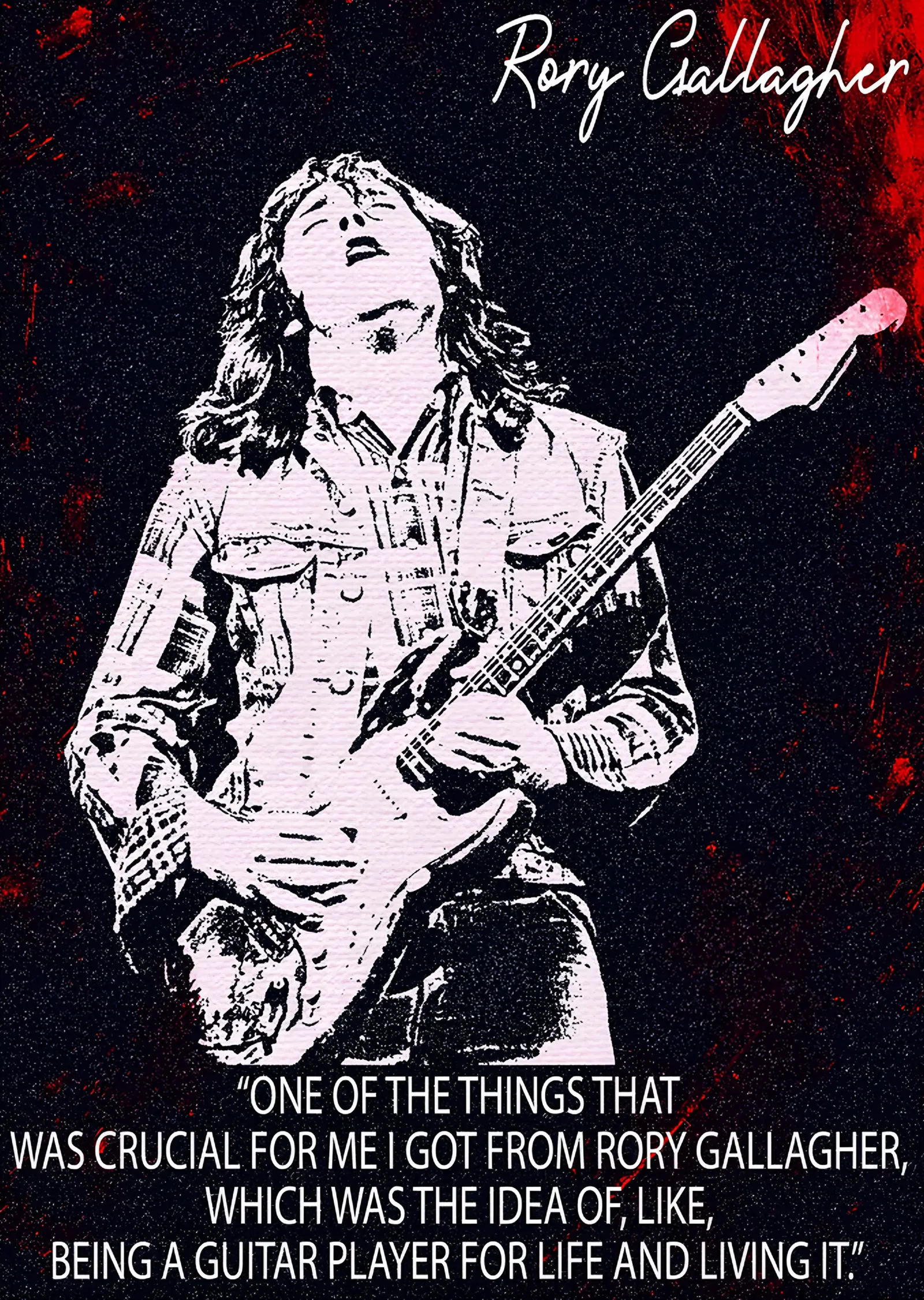 Rory Gallagher: Kızıl Zeminde Beyaz Silüet metal tablo