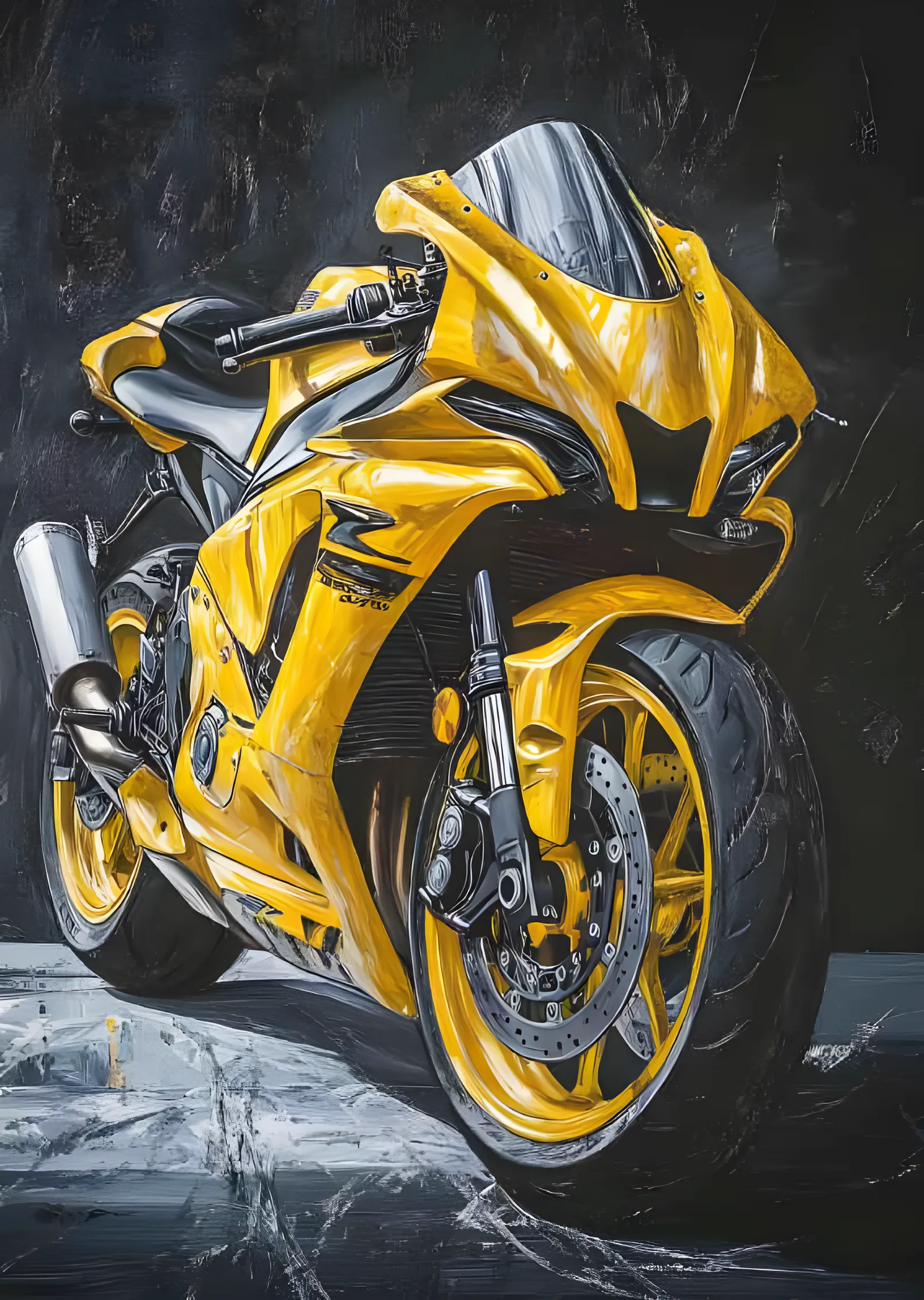 Sarı Spor Motosiklet - Yağlı Boya Duruşu metal tablo