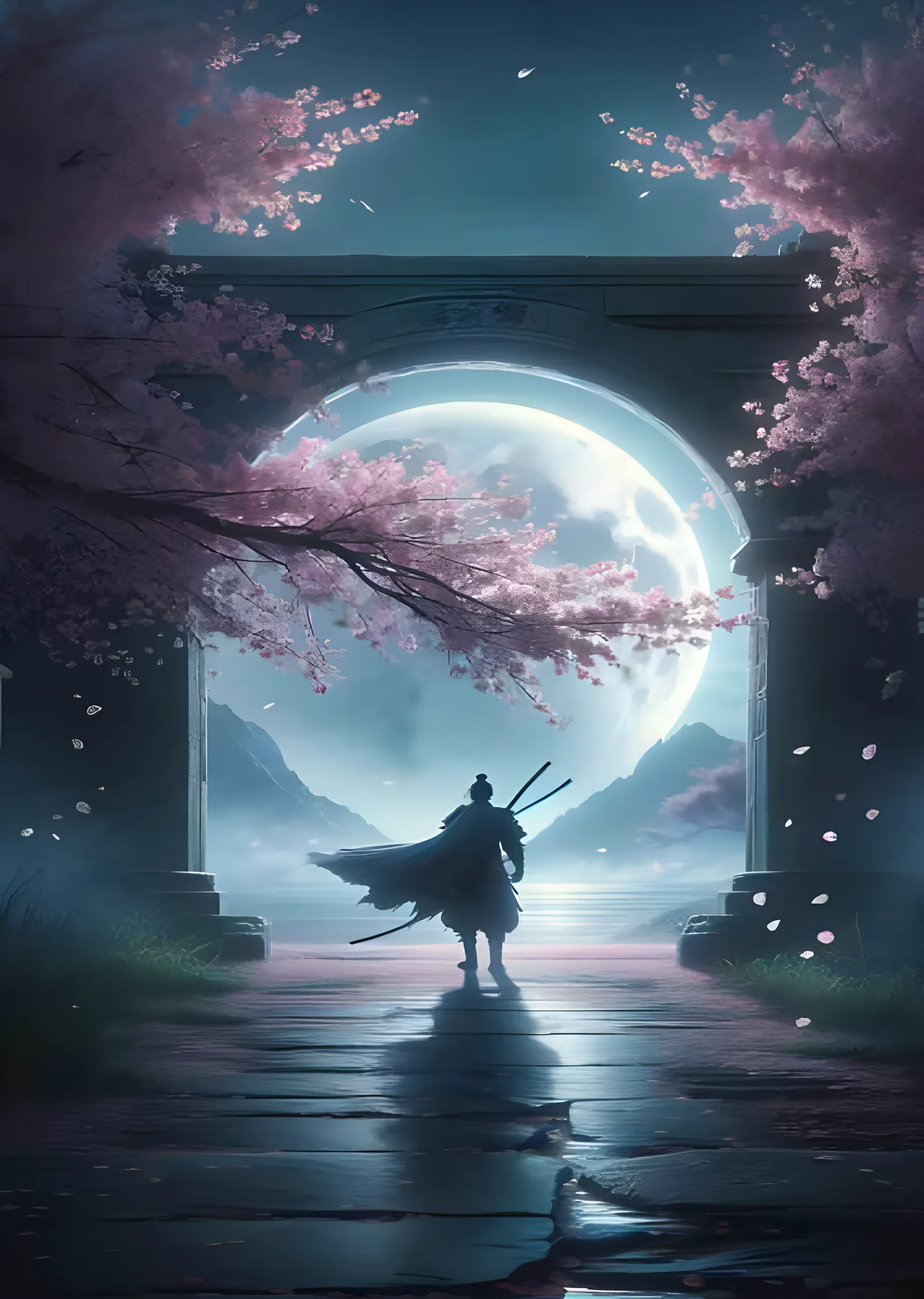 Sakura Kapısında Ay Işığı ve Yalnız Samuray metal tablo